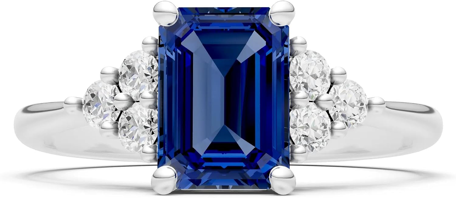 PEORA Emerald Cut Cut Blue Sapphire Solitaire Band Available in Solid 10K, 14K or 18K Ring – White, Yellow or Rose Gold