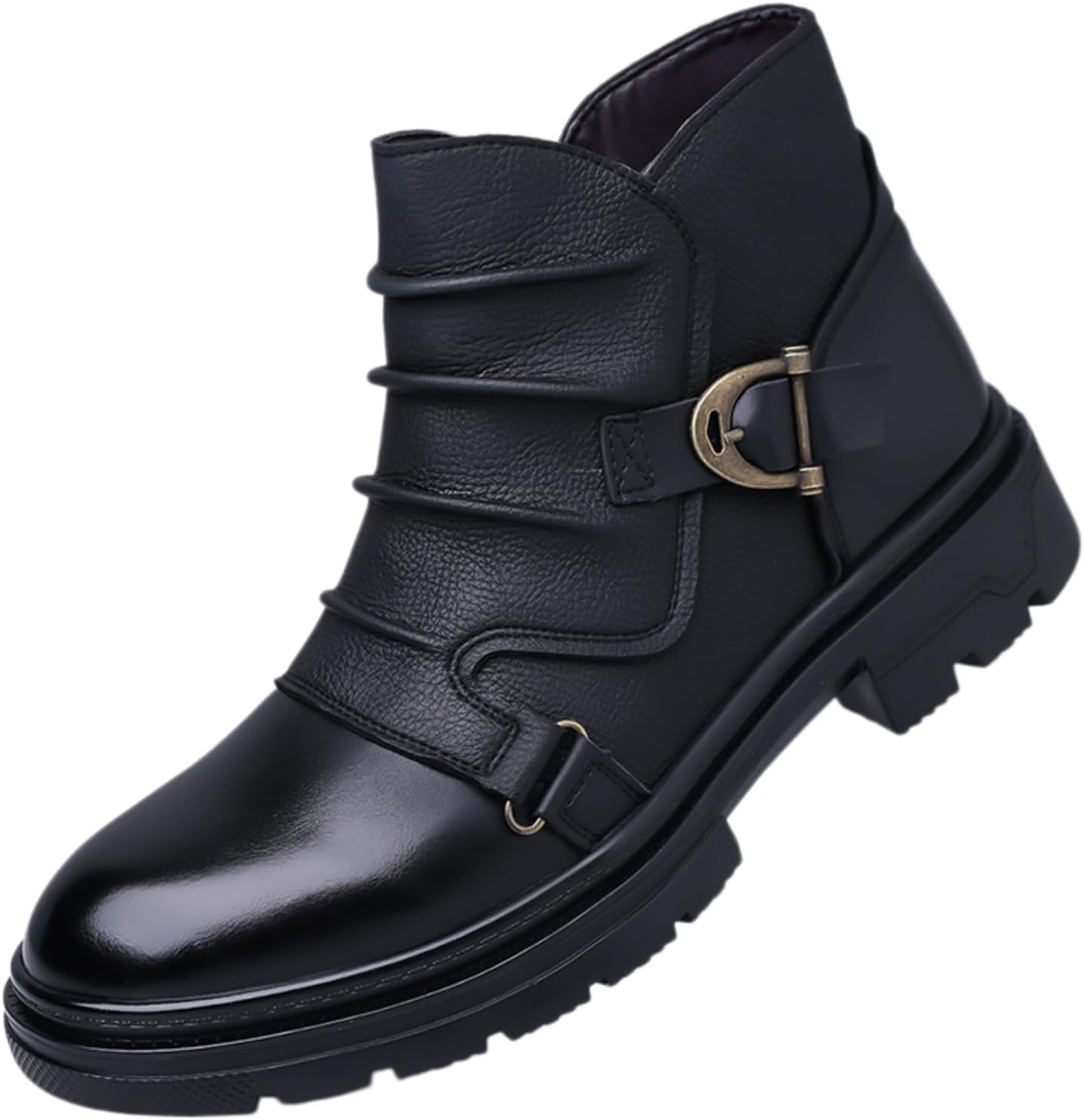 Men's Leather Western Boots Side Zipper Classic Round Toe Block Heel With Buckle Decoration Comfortable Casual Ankle Boots For Daily Walking Activities Party Office Driving