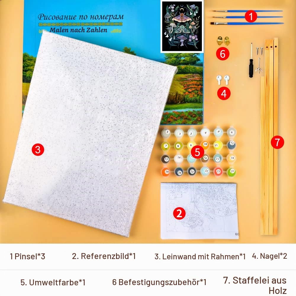 TISHIRON Malen nach Zahlen Erwachsene Anfänger, Motte DIY Malen nach Zahlen Kits für Erwachsene Kinder, Pilz und Blatt Öl Handmalerei Leinwand Geschenke Kunsthandwerk für Zuhause 40 x 50 cm (Rahmen)