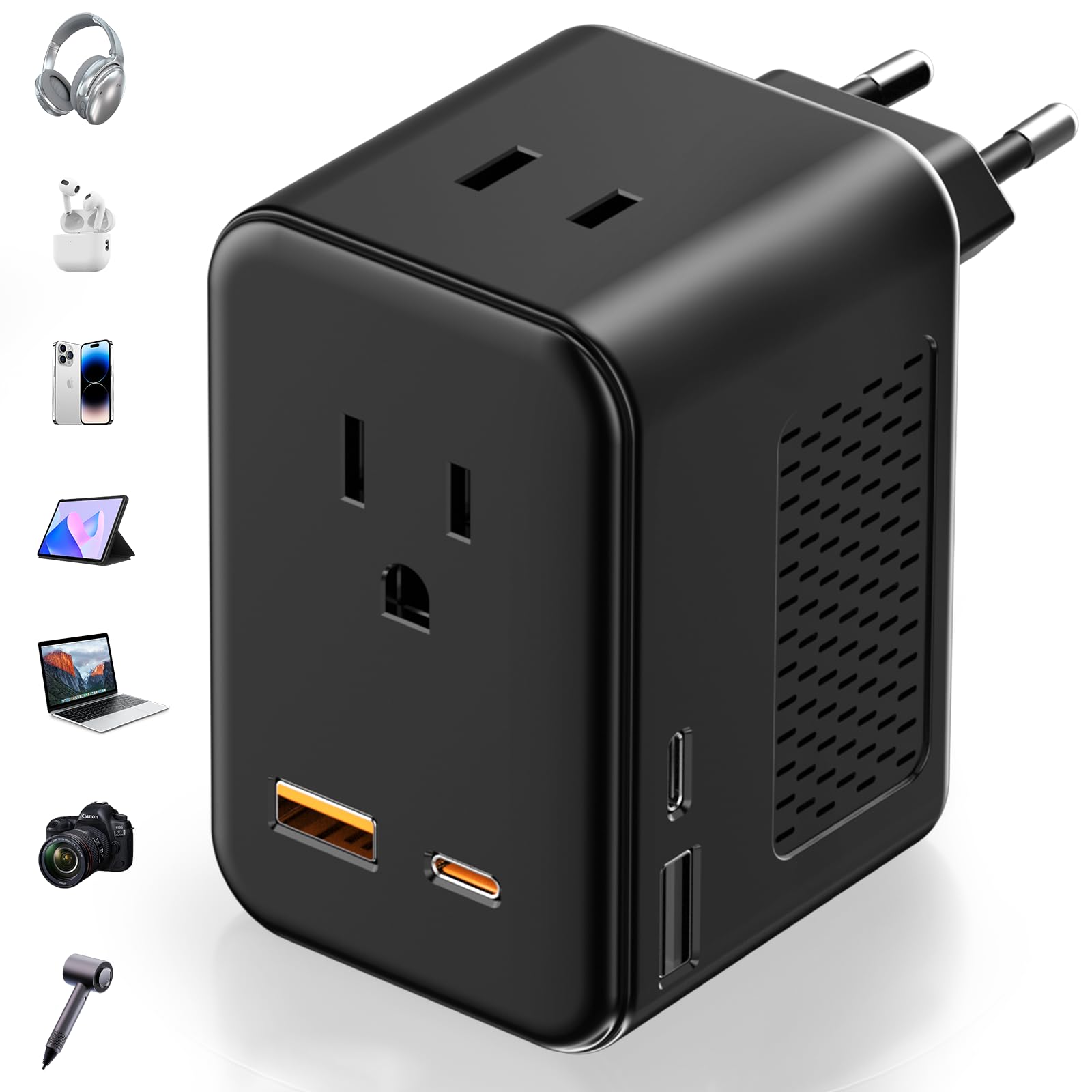 220V to 110V Voltage Converter US to Europe Travel, Adapter Plug Converter for European Travel with 20W PD &amp; 2 USB-A &amp; 2 USB-C Port, European Power Converter Combo USA to Spain Italy France (Black)