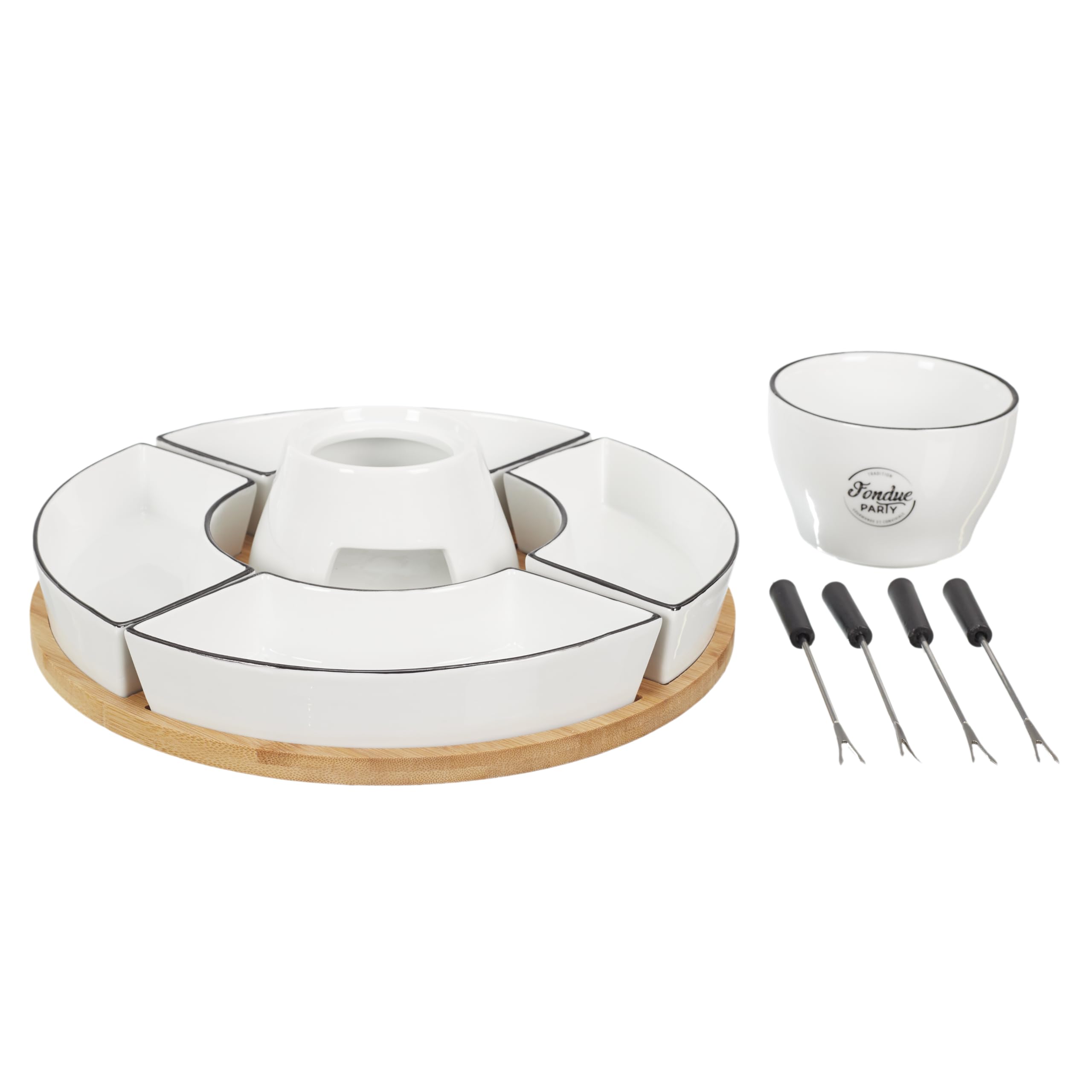 COOK CONCEPT - KA4602 Coffret à Fondue avec Support en Bambou et Coupelles - Conçu pour Repas Conviviaux - Dimensions 19 x 30 x 30 cm - Couleur Blanche