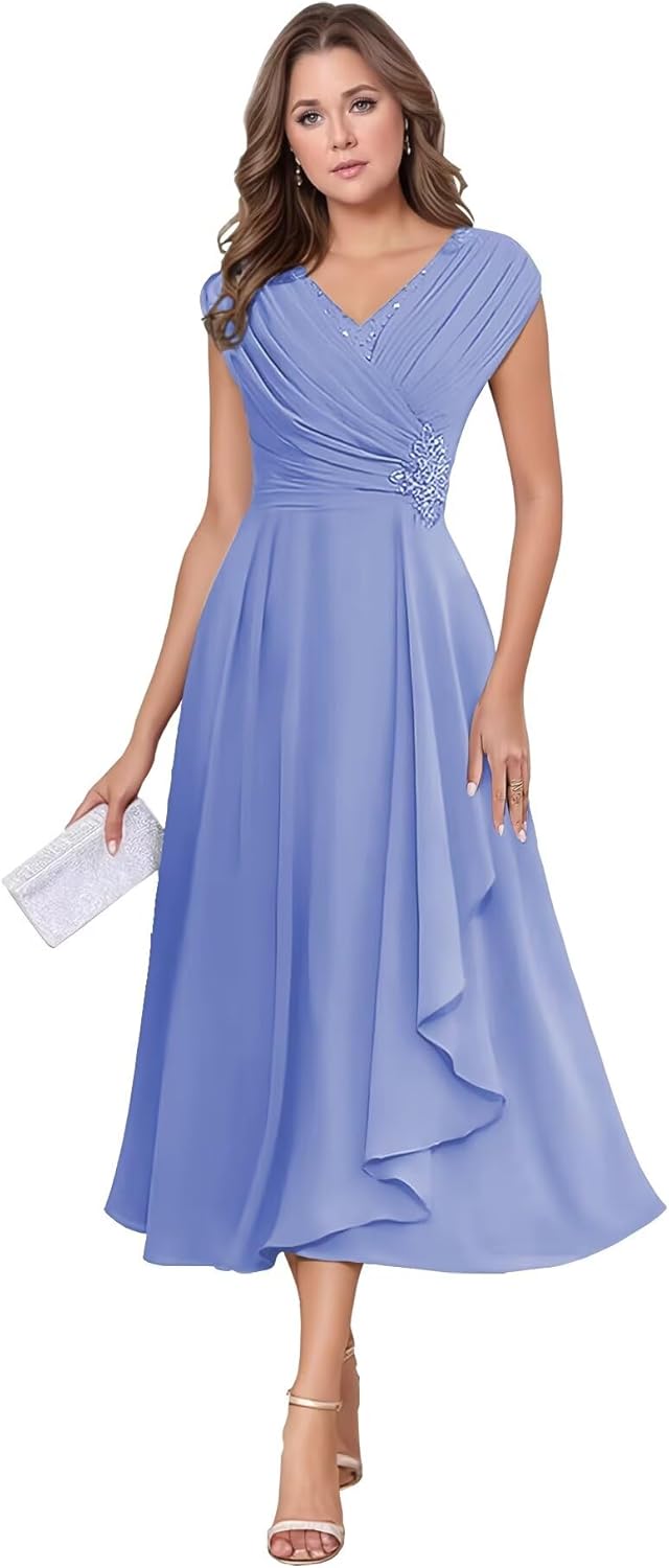 Chiffon Tea Length Mother of The Bride Dresses for Wedding Cap Sleeve Lace Applique Short Formal Evening Gown for Women