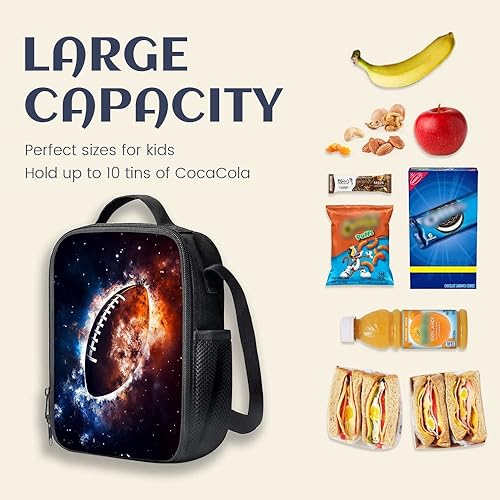 Miniatura 3 de Lonchera para niños, bolsa de almuerzo aislada para niñas y niños, bolsa de almuerzo de fútbol Space Galaxy con correa para el hombro, lonchera