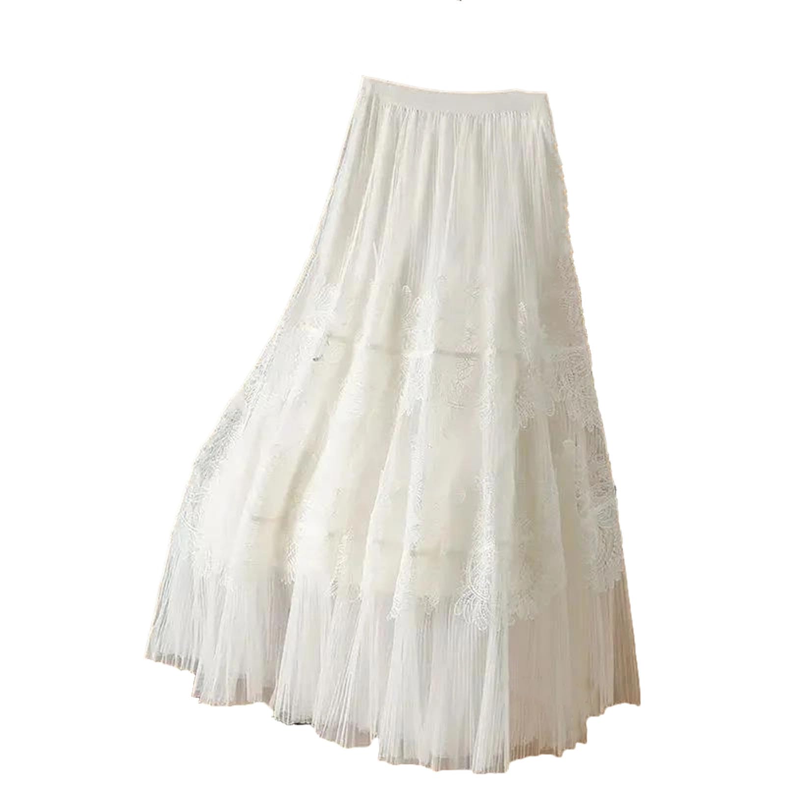Womens High Waist A-Line Mid-Calf Skirt with an Elastic Waistband and Lace Decoration in A Slim Fitting Style