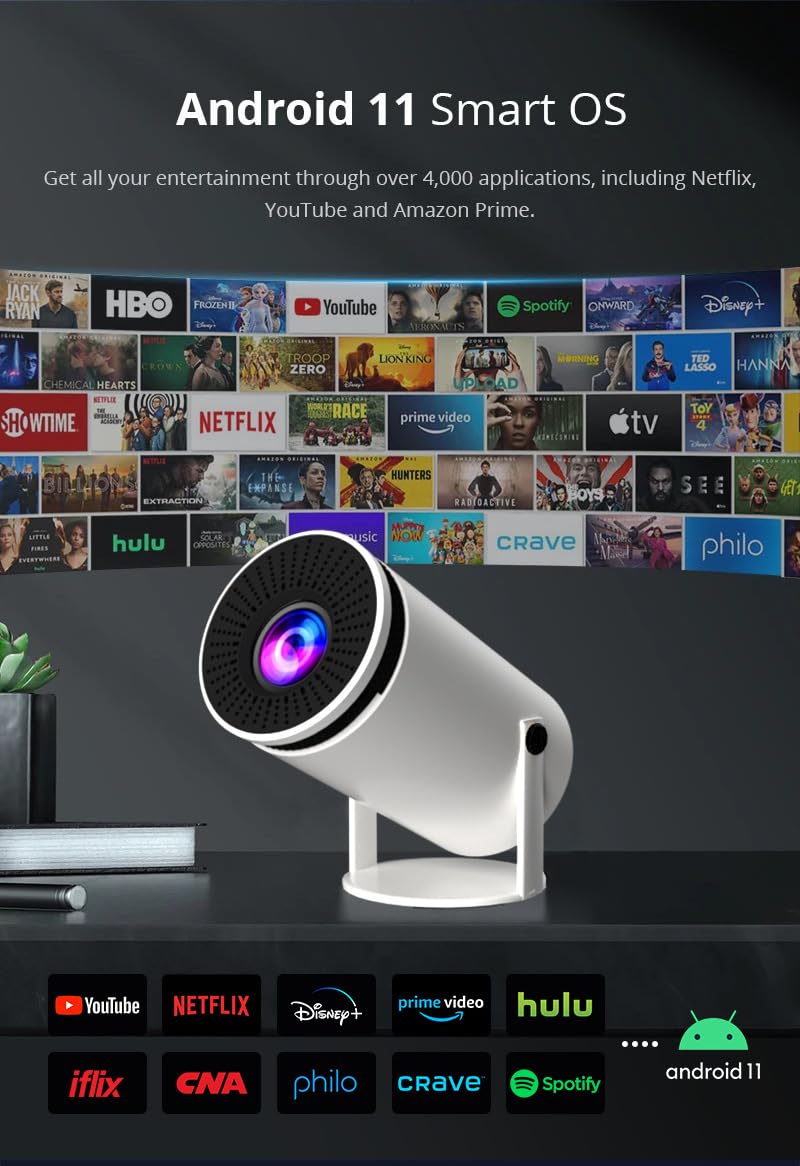 Mini projecteur Bluetooth WiFi portable 4K avec correction automatique de la distorsion, rotation à 180°, écran 130", Android 11, 5G double bande, projecteur de films pour la maison