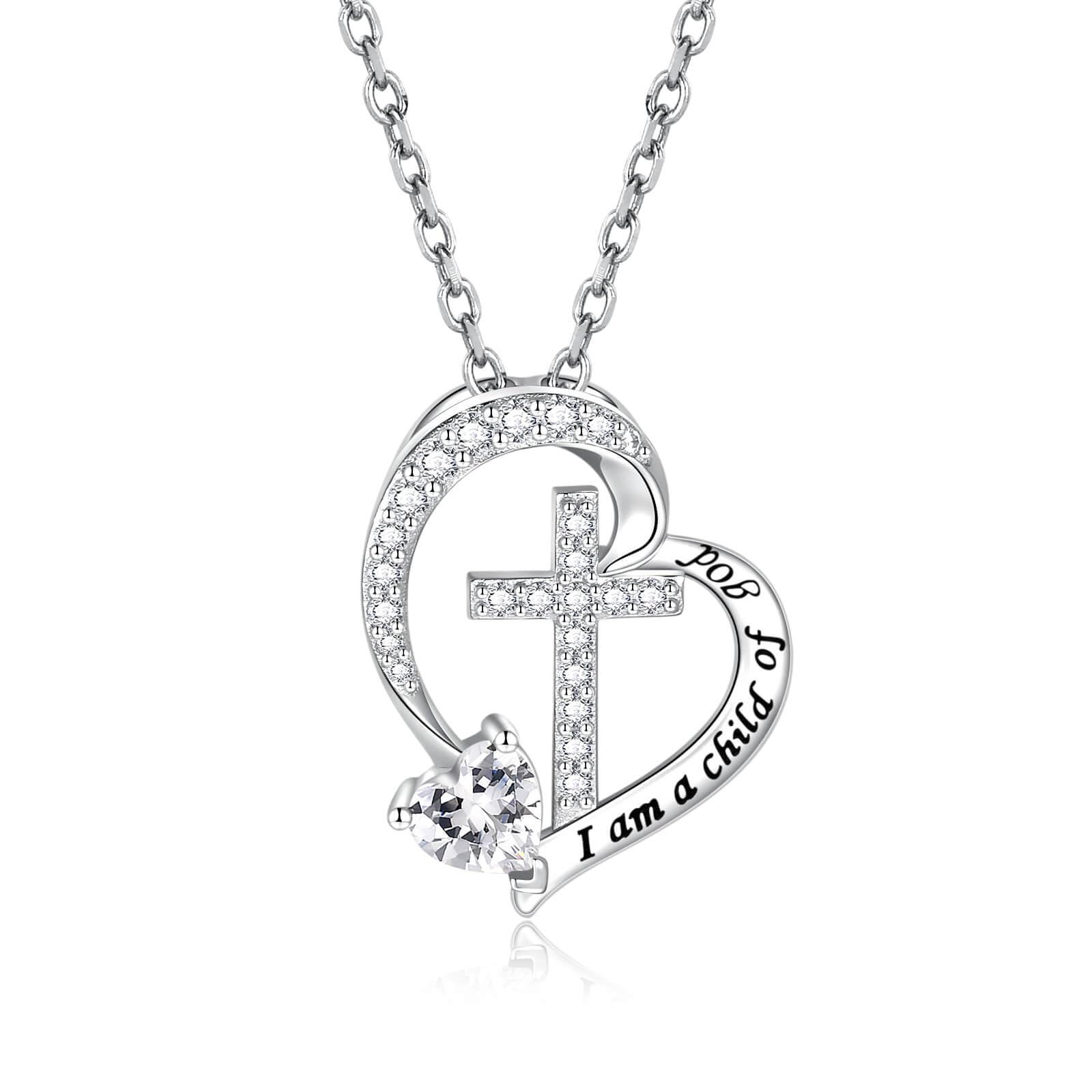 MANBU Sterling Silver Cross Necklace for Girls: Heart Birthstone I am a Child of God Pendant Religious Jewelry Baptism First Communion Confirmation