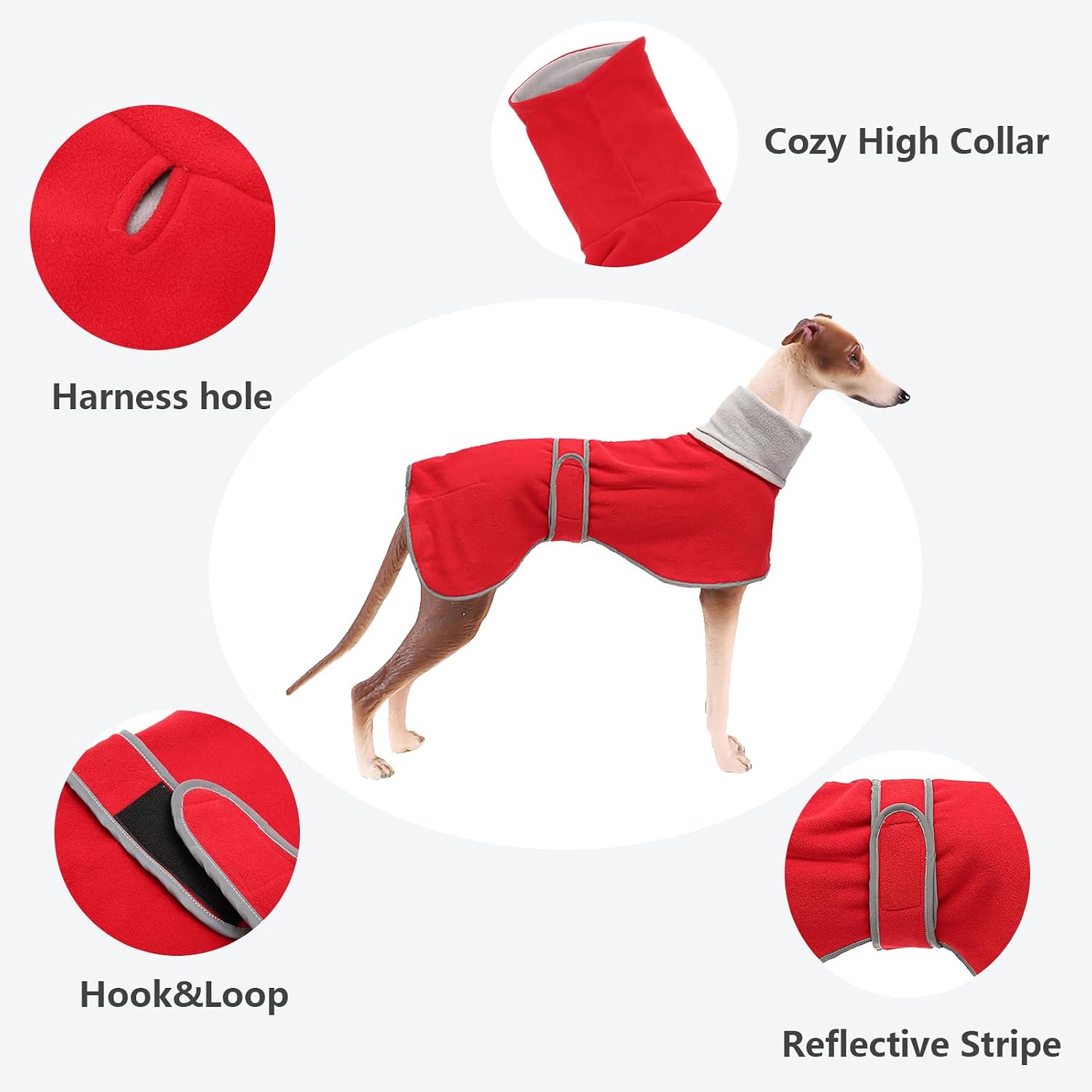 Greyhounds Lurchers Whippets Dog Coats with Reflective Stripe Dog Winter Coat Jacket Fleece Adjustable Band - Red - S