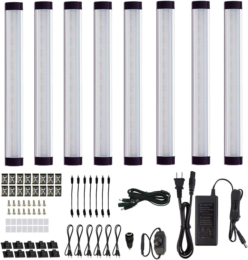 AIBOO LED Under Cabinet Lighting Kit, Plug in Strip Lights with Dimmer Switch for Kitchen Cabinet Counter, Closet, Bedroom Lighting（24w-8 Bars kit-2700K)