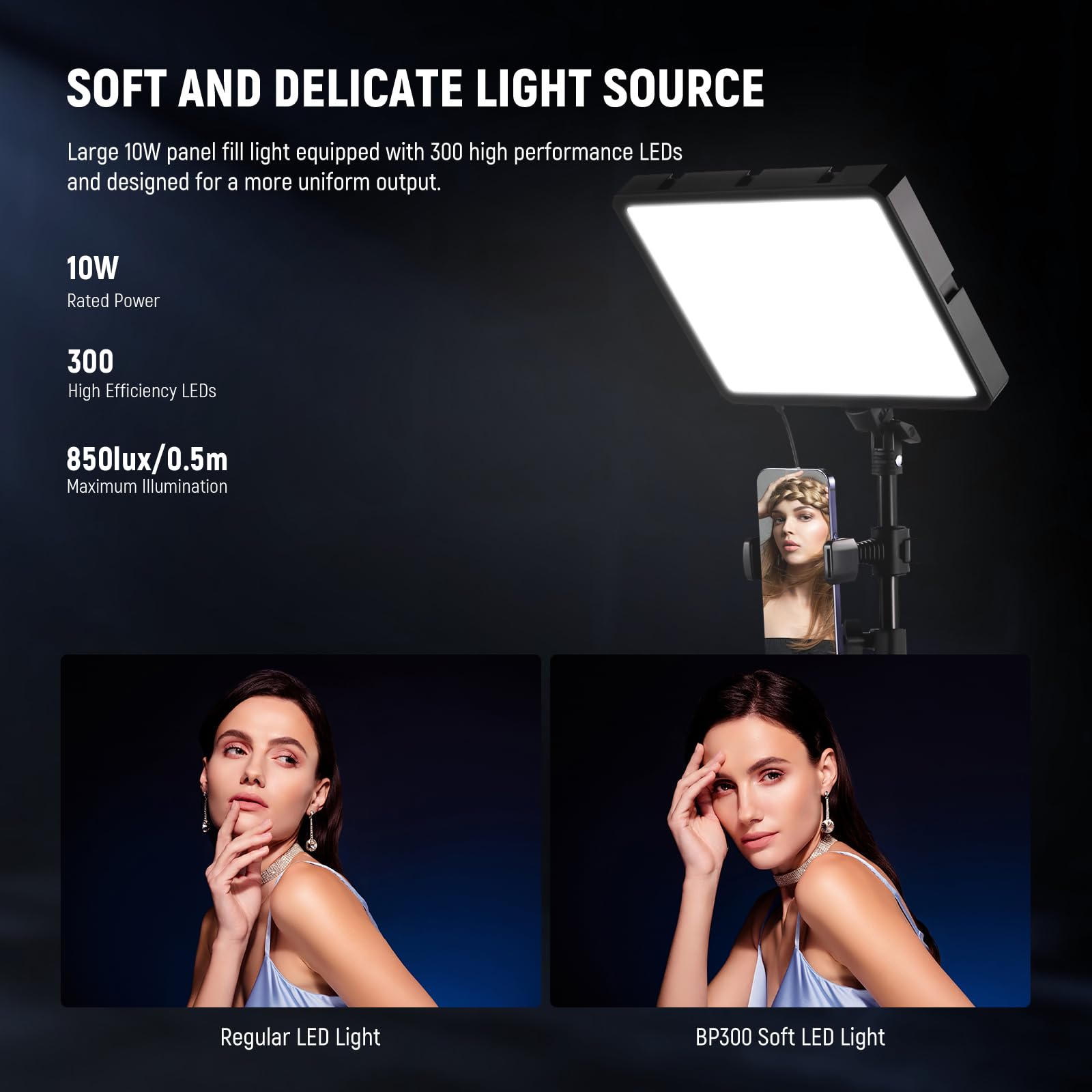 NEEWER Basics BP300 panel świetlny LED, ze statywem i uchwytem na telefon, 2700 6500 K, 850 Lux Bi Color przyciemniane oświetlenie studyjne do fotografii, filmów, nagrywania na żywo, 2 sztuki