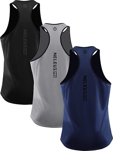 NELEUS - Paquete de 3 camisetas sin mangas, con espalda en Y, Dri-Fit, para hombre, para gimnasio
