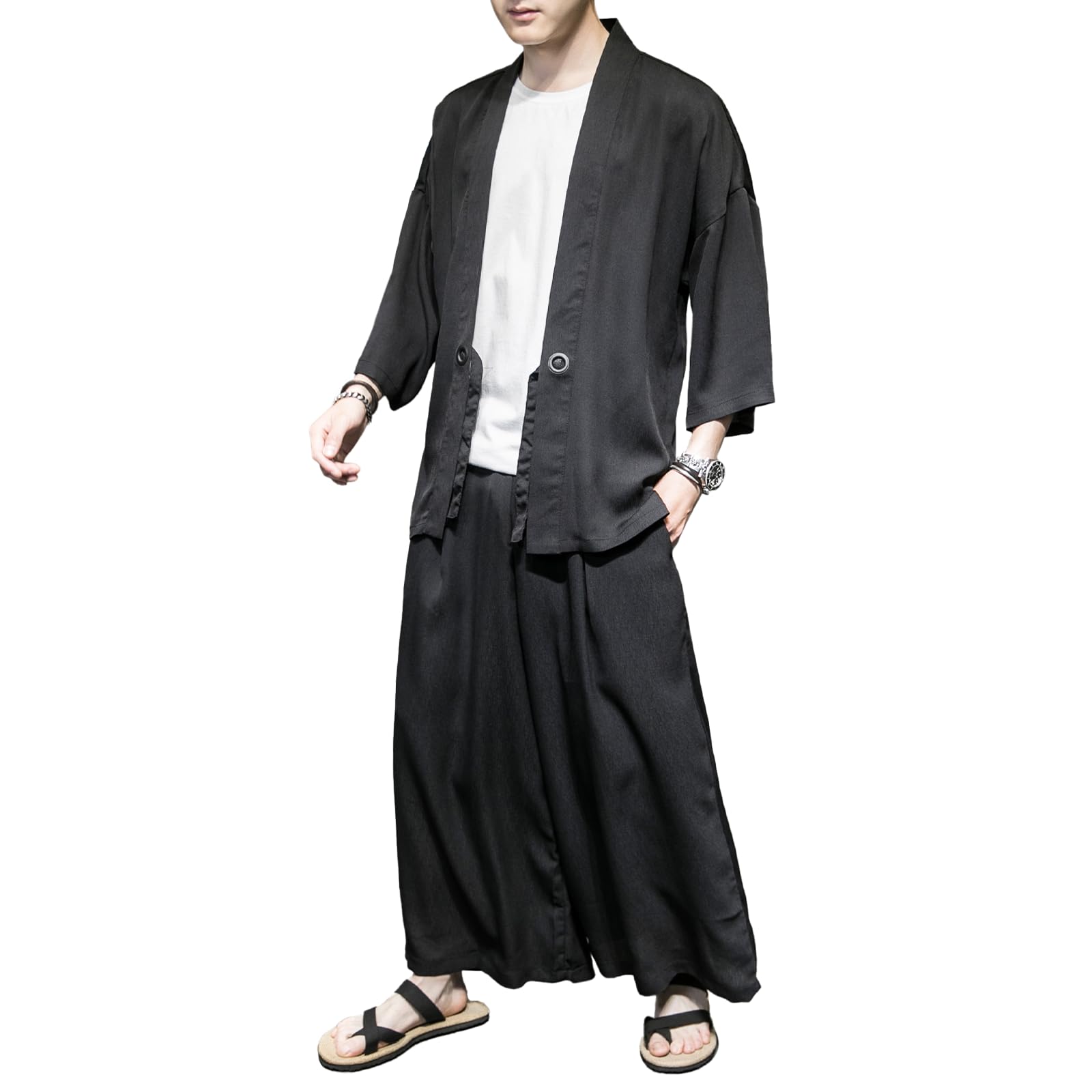 Japanese Jinbei Samue Haori Set Men's Polyester Cardigan Black 3/4 Sleeve