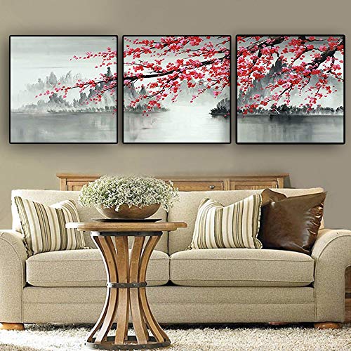 Toile Art Peinture Style Chinois Rouge Plum Blossom Lake Salon 80x80 - 2