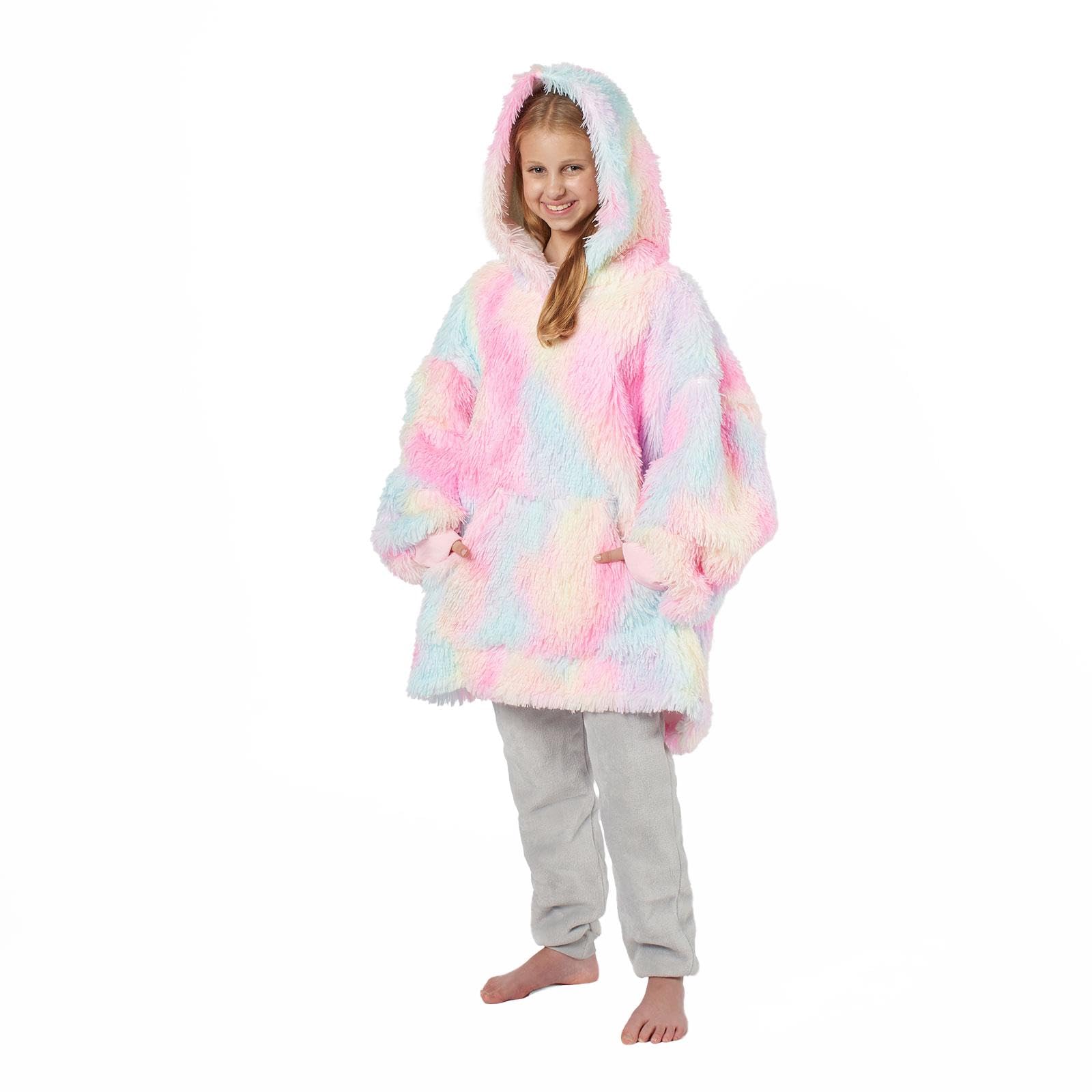 Ohs Girls Multi - Tie Dye Kids Oversized Blanket Hoodie, Wearable Sherpa Fleece Hoodie Blanket Super Soft Comfy Fluffy Snuggle Hoodie For Boys Kids, One Size Tie Dye