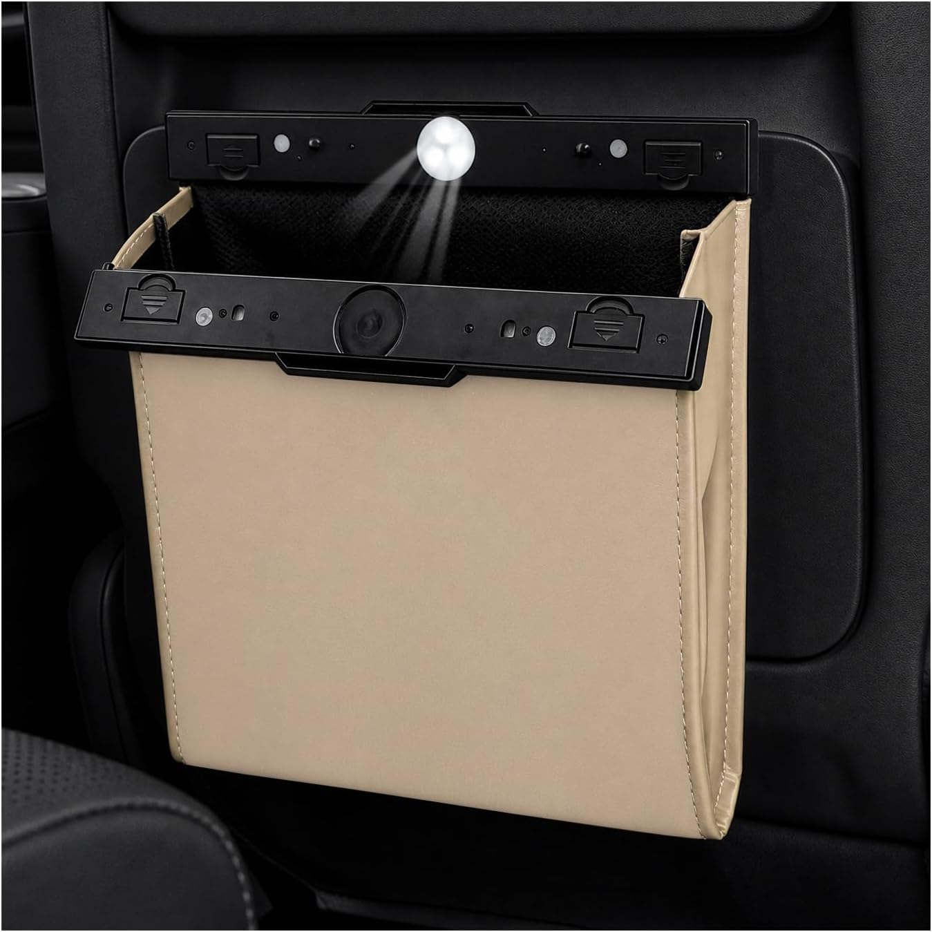 LED Car Trash Can, Strong Magnetic Leather Hanging Trash Can with Garbage Bag, Leak-Proof LED Light Garbage Bin Vehicle Backseat Storage Organizer, Car Accessories (Beige)