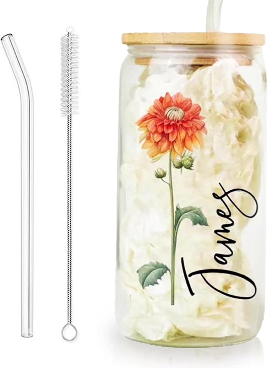 Personalized Birth Flower Glass Tumbler with Straw & Lid, Custom Gift Cups for Women, Monogrammed Iced Coffee Mugs, Birthday Anniversary Christmas Gift for Bridesmaids, Bride, Girlfriend, Mom, Teacher