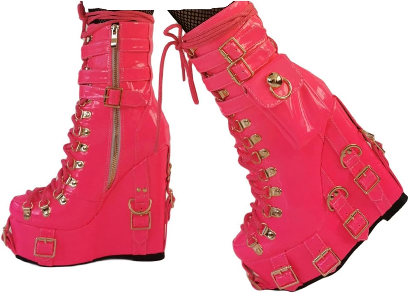 Platform Goth Ankle Boots for Women Patent High Heeled Wedge Gothic Boots Buckle Pocket Side Zip Ankle Punk Boot