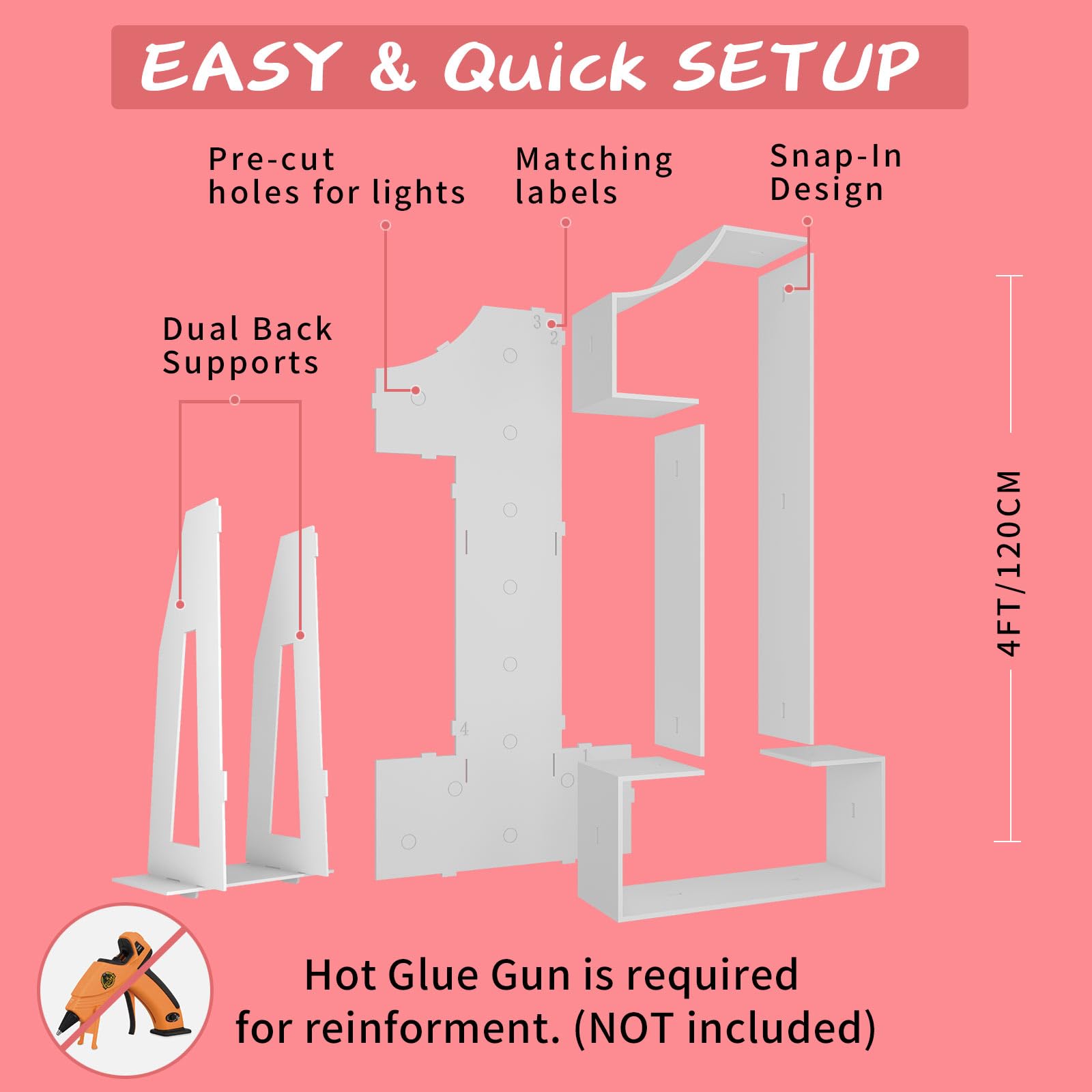 Cool White 4FT Marquee Light Up Numbers Pre-Cut Frame Giant Marquee Numbers 1, Mosaic Numbers for Balloons, Light Up Numbers for First 1st 21st Birthday Anniversary Party Decor