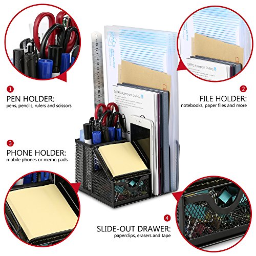 Plemo Mesh Desk Organizer Office Supplies Caddy with 6 Compartments: Drawer, Pen Holder, Memo Holder & File Holder, 6.42" x 4.13" x 5.71" - Thumbnail 2