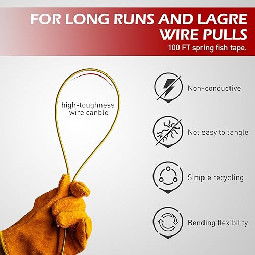 Miniatura 6 de BAUSATZ Cinta de pescado de 100 pies de 316 pulgadas, alambre de acero de alta calidad, extractor de alambre de cinta de pescado, carcasa y mango