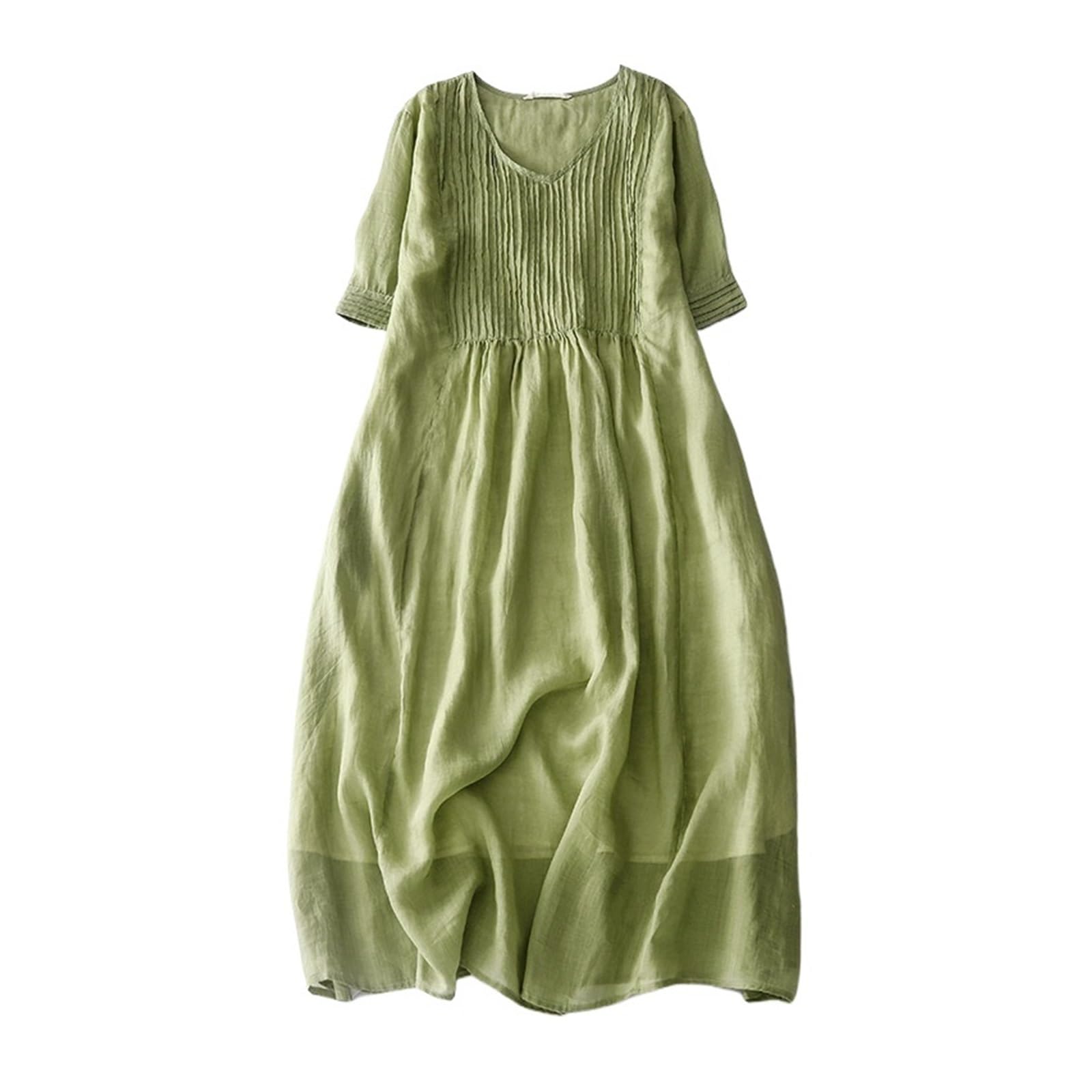 Vestito Lino Donna Estivo Abito a Pieghe a Fisarmonica Anni '40, Stile Artistico, in Puro Colore, con Scollo a V, in Lino, Lungo, Sottile, da Donna, Stile retrò