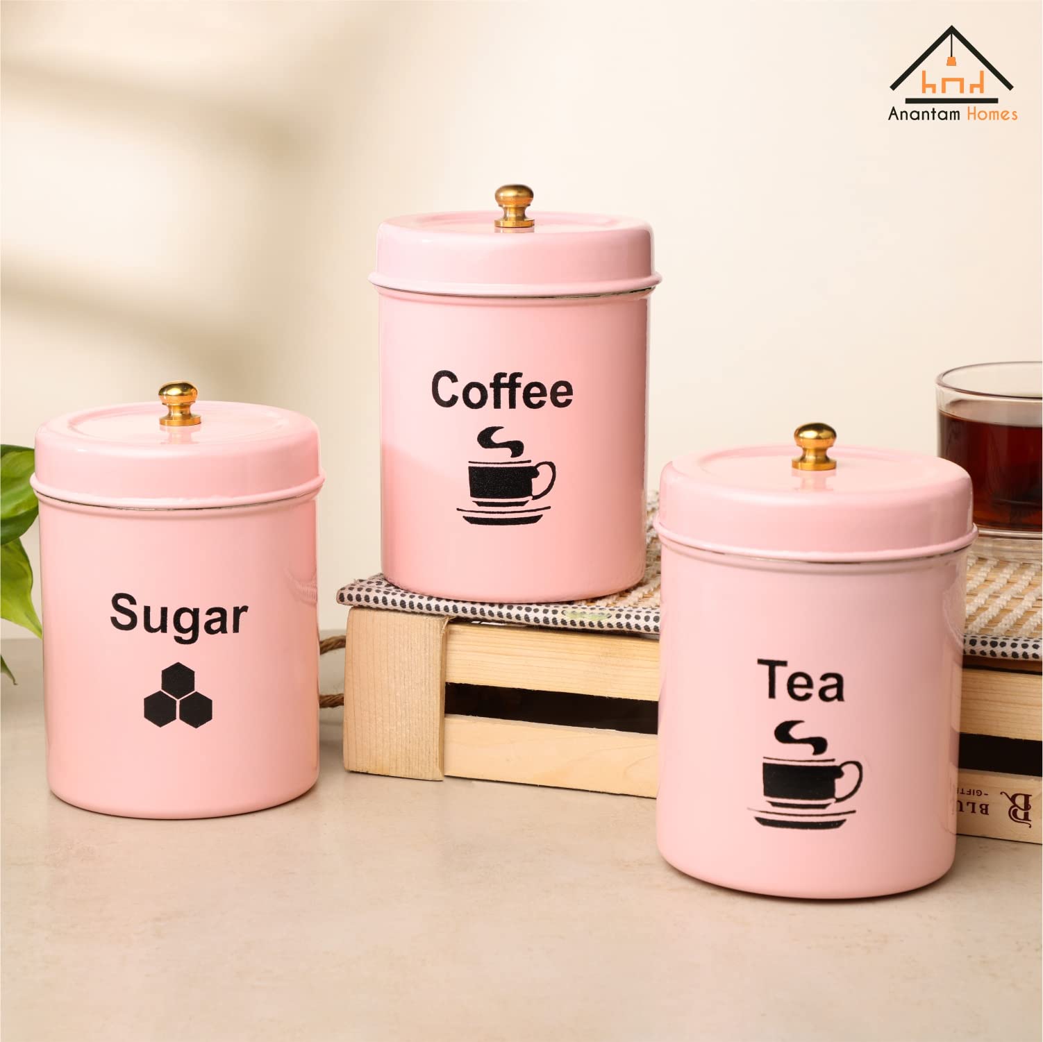 anantam homes Tarro de acero inoxidable | Contenedor | Juego de recipientes para té, café y azúcar | Juego de 3 recipientes para té, café y azúcar | 800 ml cada uno (TCS-rosa claro)