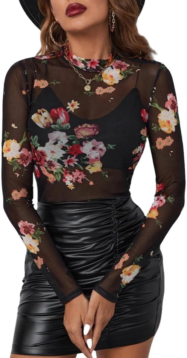 Womens Lace Top Long Sleeve Mesh Tops for Women Mock Neck Floral Sheer See Through Shirts for Party Club Casual S-XL