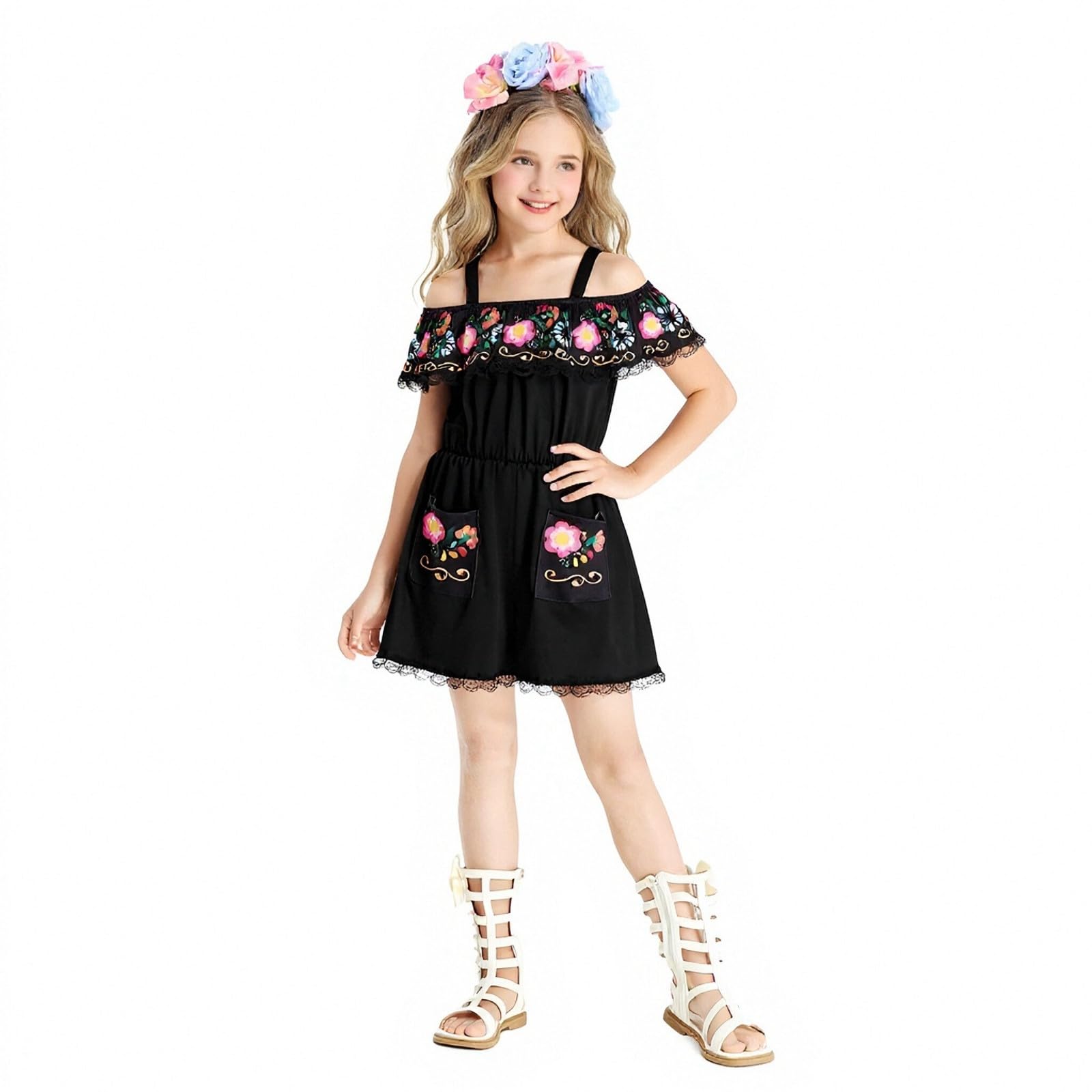 Generisch 2026 - Costume da ragazza messicana con spalle scoperte, per il giorno dei morti, per cosplay, elegante abbigliamento per feste