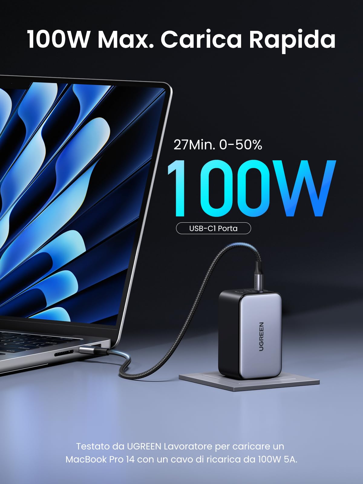 UGREEN Nexode X Caricatore USB C 100W, Caricabatteria Multiporte GAN Compatibile con Samsung Galaxy S24/ S23 Ultra, MacBook PRO/Air, iPad, iPhone 16/15/14/13, Steam Deck ECC.