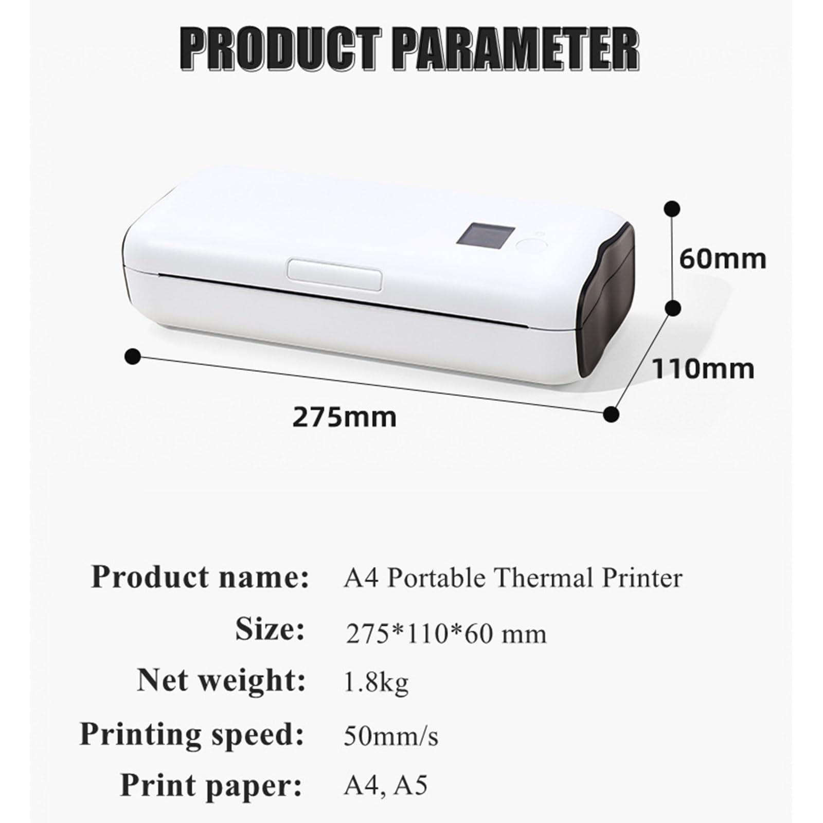 Impresora térmica portátil A4, impresora móvil inalámbrica adecuada para el hogar, la oficina y la escuela, impresora sin tinta Bluetooth compatible con teléfonos móviles y portátiles