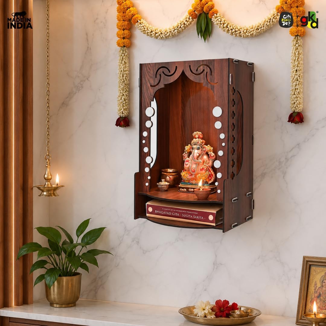 Wooden Temple Store - Wooden Temple for Home Wall Mounted | LED Light Compact Pooja Mandir for Office, Flat, Living Room | Minimal Design Pooja Stand (DIY- H-16 x L-10 x W-7 Inch) (Modern Glow)