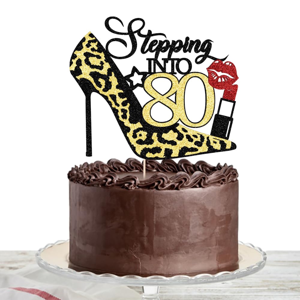 Stepping Into 80 Cake Topper,Funny 80th Birthday Party Decorations Supplies, Highheel Highheel lipstick Sign Cheers to 80 Years Cake Decorations。