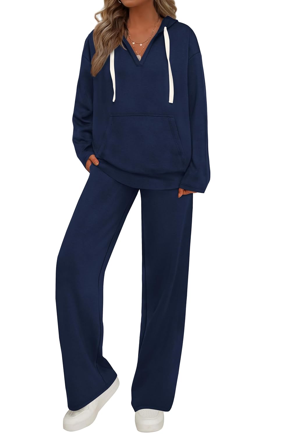 PRETTYGARDEN Womens 2 Piece Outfits Fall Sweatsuits Oversized V Neck Hoodie Wide Leg Sweatpants Travel Tracksuit Lounge Sets