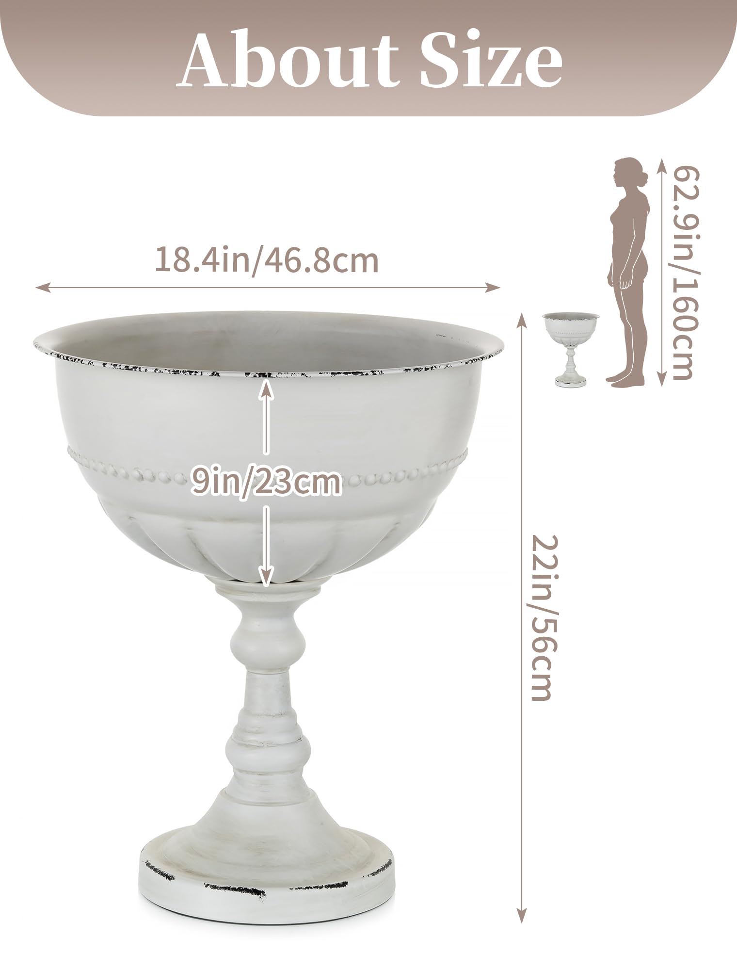 Sziqiqi Metall Pflanzkübel Groß Außen: 56cm Hoch Urne Pflanzgefäße Outdoor Set aus 2 mit Drainagelöcher - Antik Weiße Pflanzpokal Blumentopf Gross Draussen für Garten Balcony Balkon Terrasse