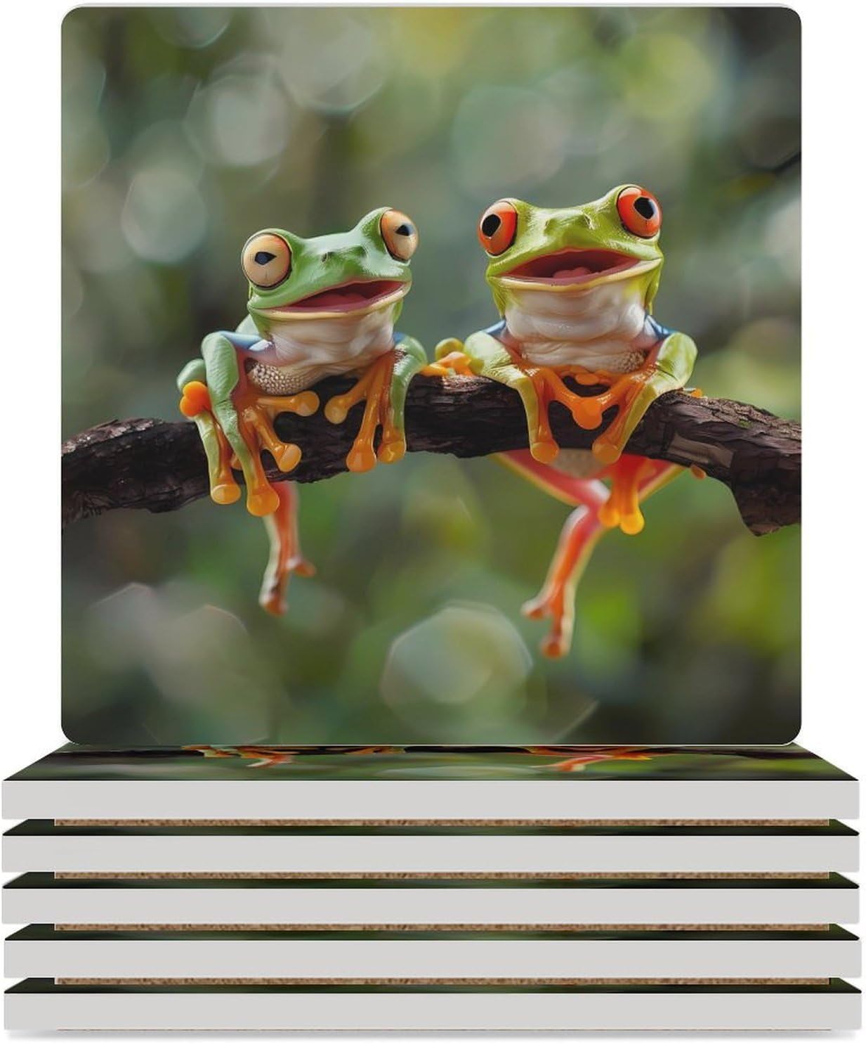 Tree Frog, Flying Frog Coaster for Drinks Square Ceramic Table Coasters Stone Mat Crafts 6PCS Home Kitchen Decor