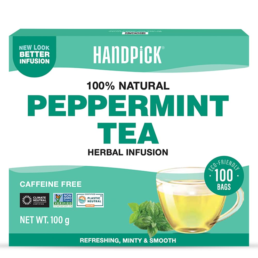 HANDPICKPeppermint Tea Bags (100 Count) Non-GMO, 100% Pure Peppermint Herbal Tea Bags - Minty, Fresh & Cool flavor | Premium Round Eco-conscious Tea Bags