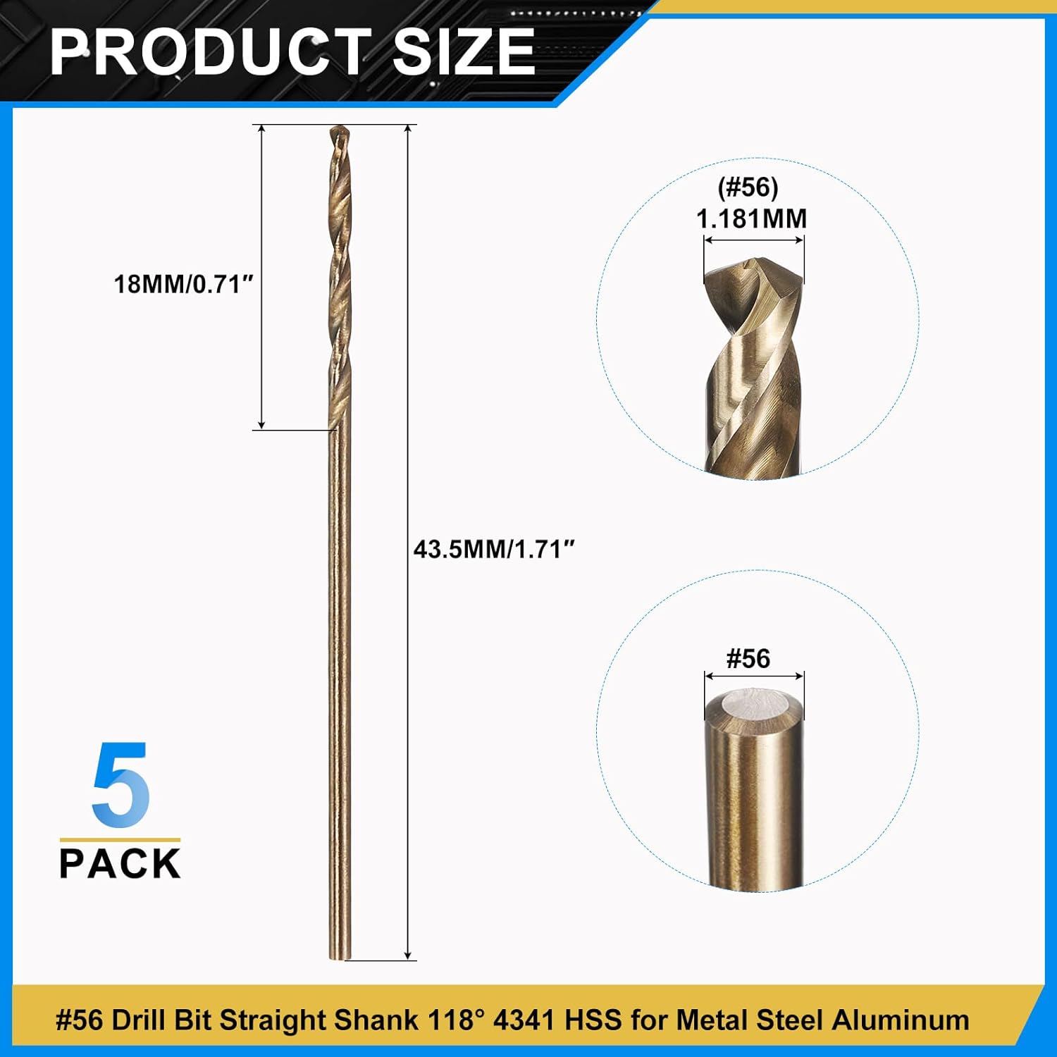 PATIKIL #56 Drill Bit, Micro Number Small Bits 4341 High-Speed Steel 118° Gold Finish for Soft Thin Metal Steel Wood Acrylic - 5 Pack