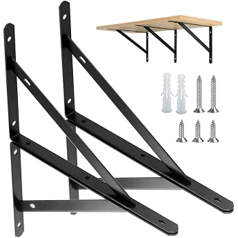Pack of 4 Shelf Brackets Heavy Duty Brackets 90 Degree Wall Angle Shelf Brackets Metal Shelf Brackets with Screws Wall Shelf Brackets Iron Shelf Angle for Angle Shelf 25 x 15.5 cm Black