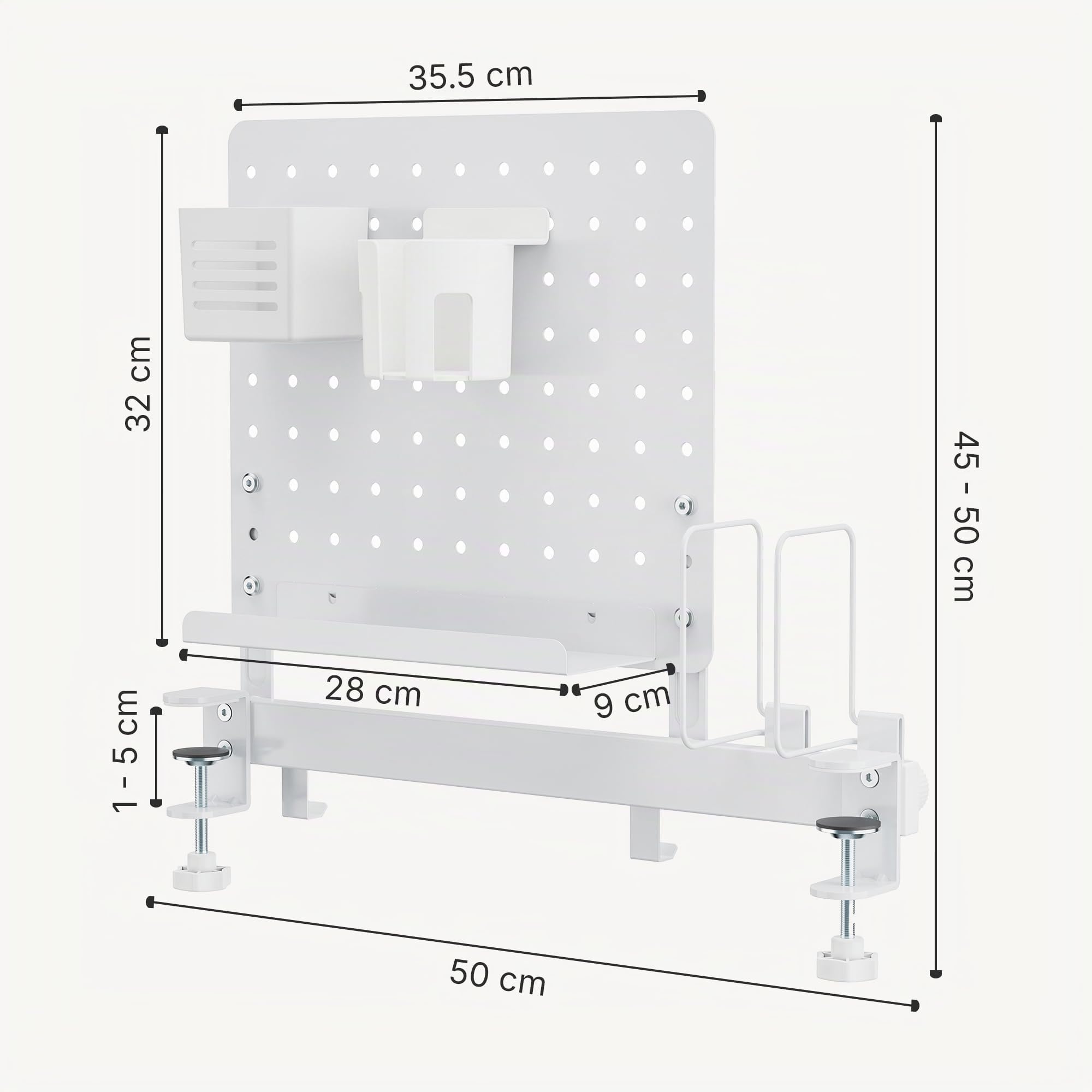 [en.casa] Organizzatore da Scrivania con Morsetti Pannello Forato Organizer Pegboard con Ripiano Flessibile Supporto Libri Porta Bicchieri Penne 50x50 cm per Cameretta Studio Ufficio - Bianco