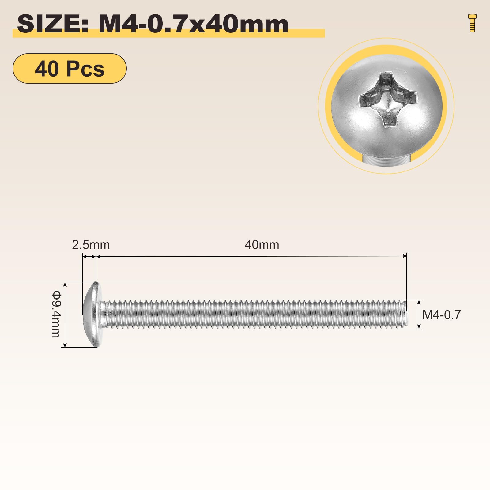 METALLIXITY Machine Screws Phillips Head(M4-0.7x40) 40Pcs, 304 Stainless Steel Round Head Phillips Drive Furniture Bolts - Image 2