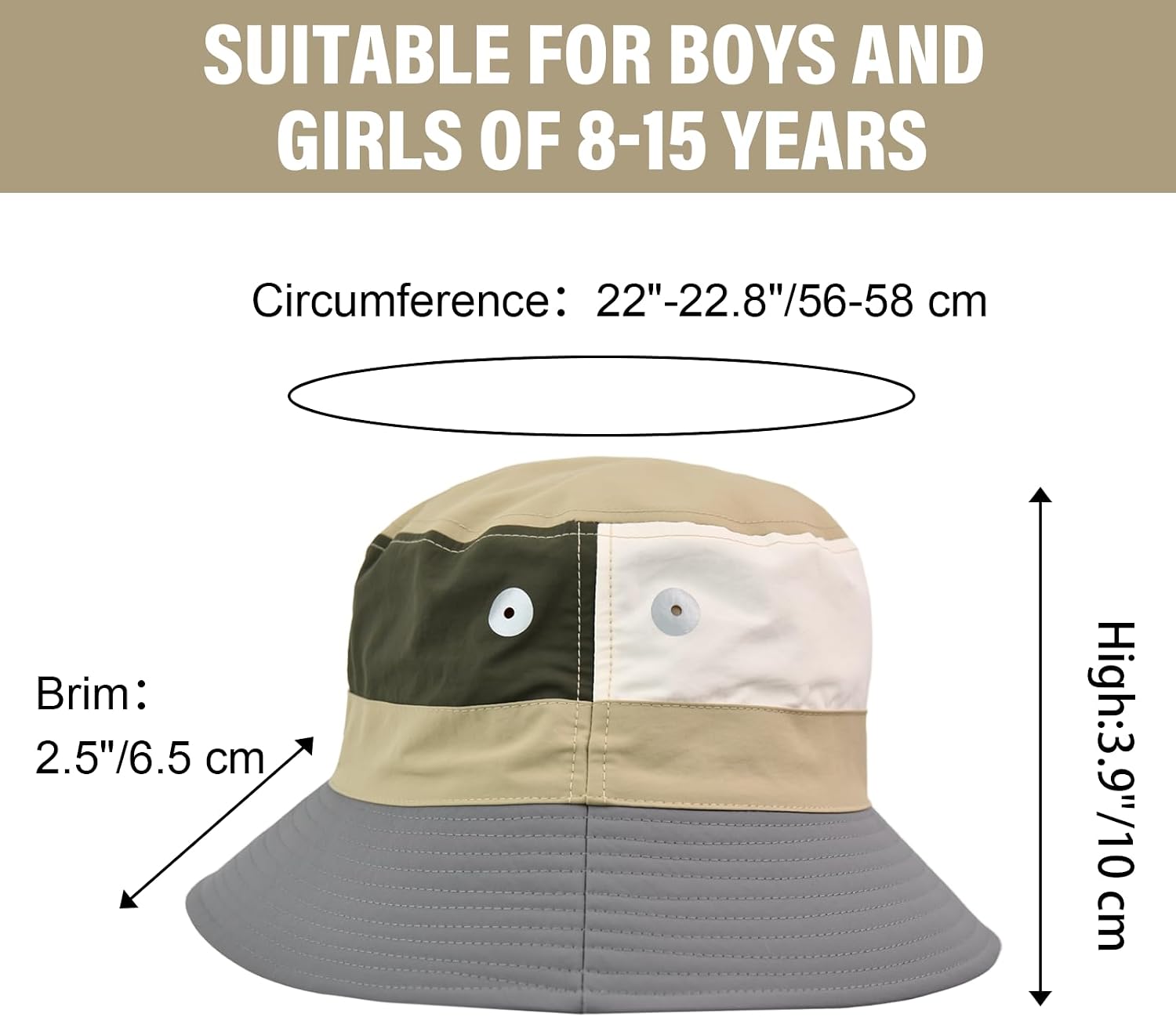 Outdoor Kids Sun Hat Quick Dry Bucket Hat Multiple Color Patchwork for Boys Girls 8-15 Years UPF 50+ Summer Beach Hats