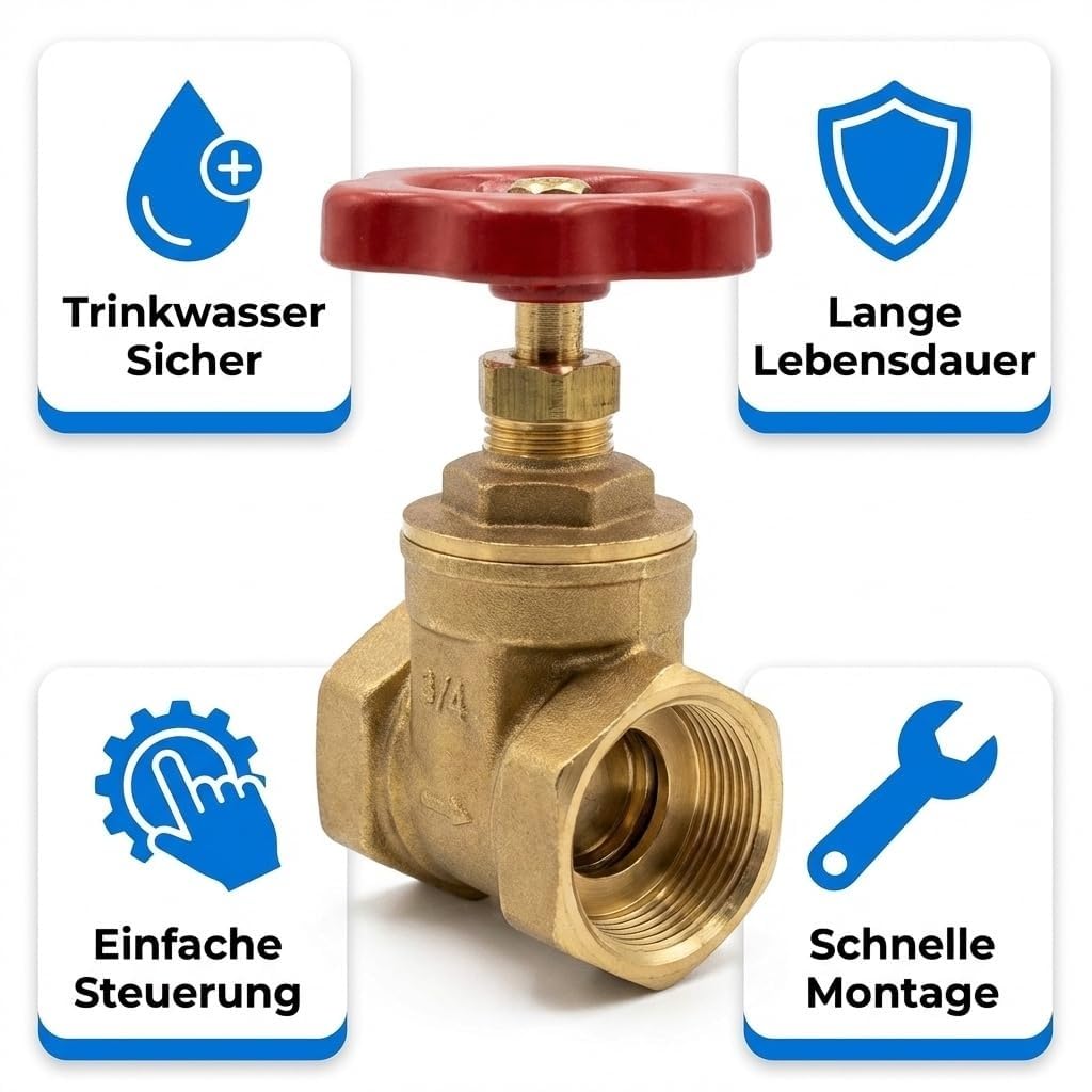 KNM Trade Muffenschieber Messing Absperrventil 1" Gold | Trinkwasser und Heizung, robustes Handrad, Innenschliff, bis 10 bar druckfest, Temperatureinsatz bis 100°C