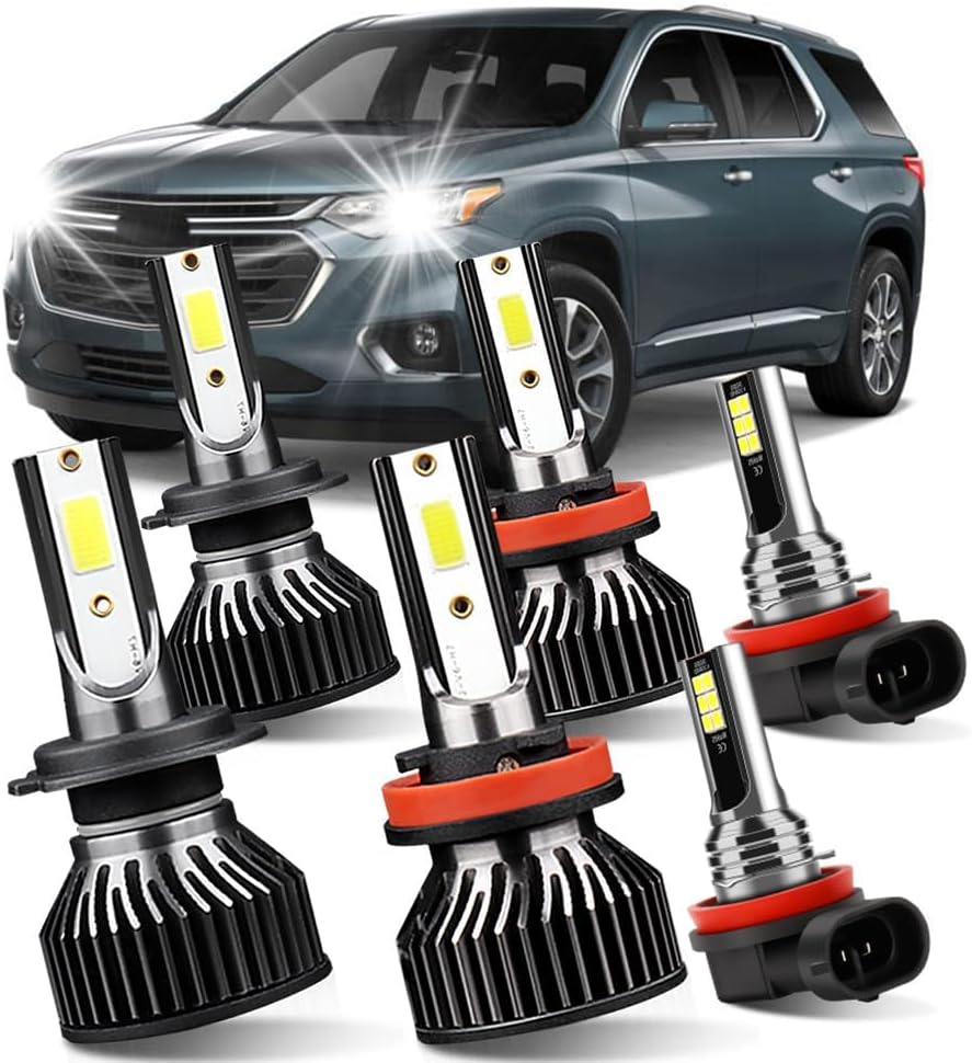 LED Light Bulbs Compatible for Chevy Traverse 2013-2018, H7 High Beam, H11 Low Beam and H11 Fog Light Replacement Kit, 6-Pack