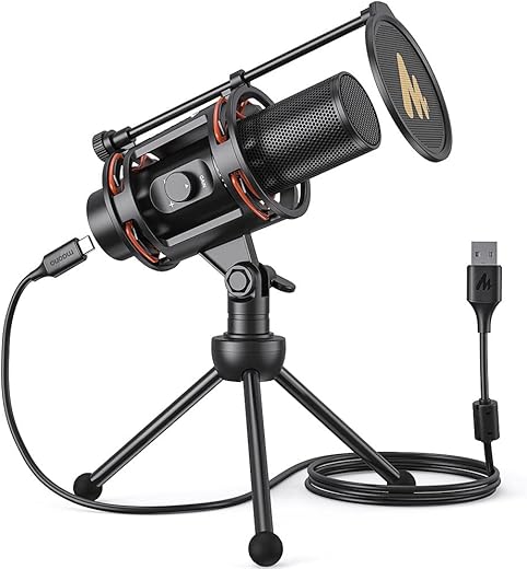 MAONO AU-PM471TS Condenser USB Microphone for PC, with Metal Pop Filter, Tripod, Gain Knob & 0-Latency Monitoring for YouTube, Podcasting, Streaming