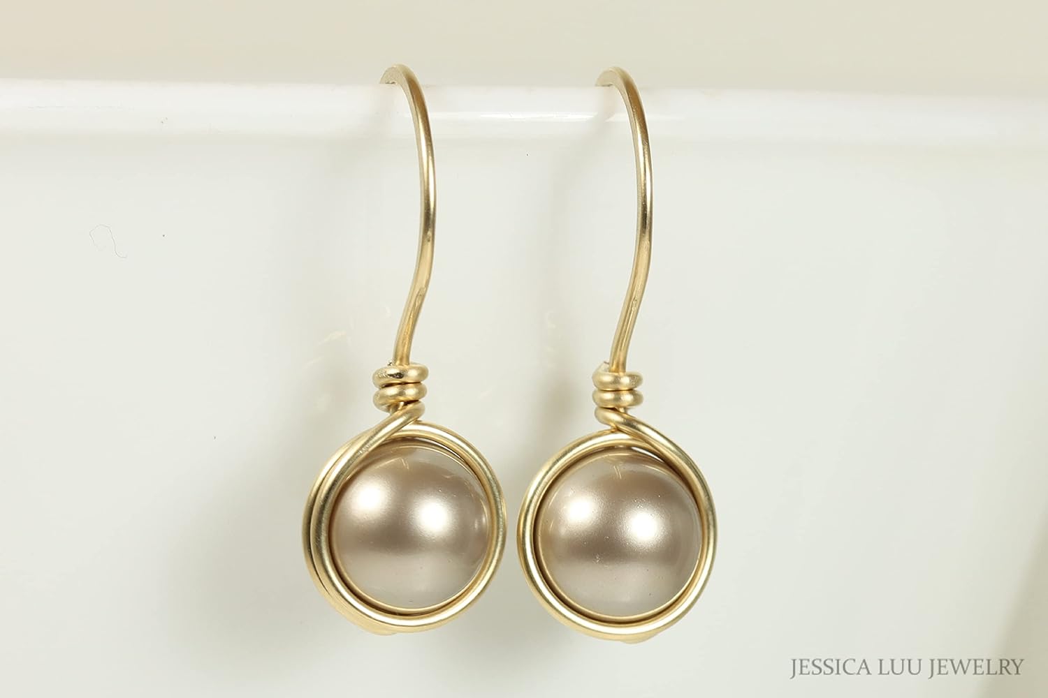 Jessica Luu Jewelry Gold Champagne Pearl Earrings Wire Wrapped Handmade