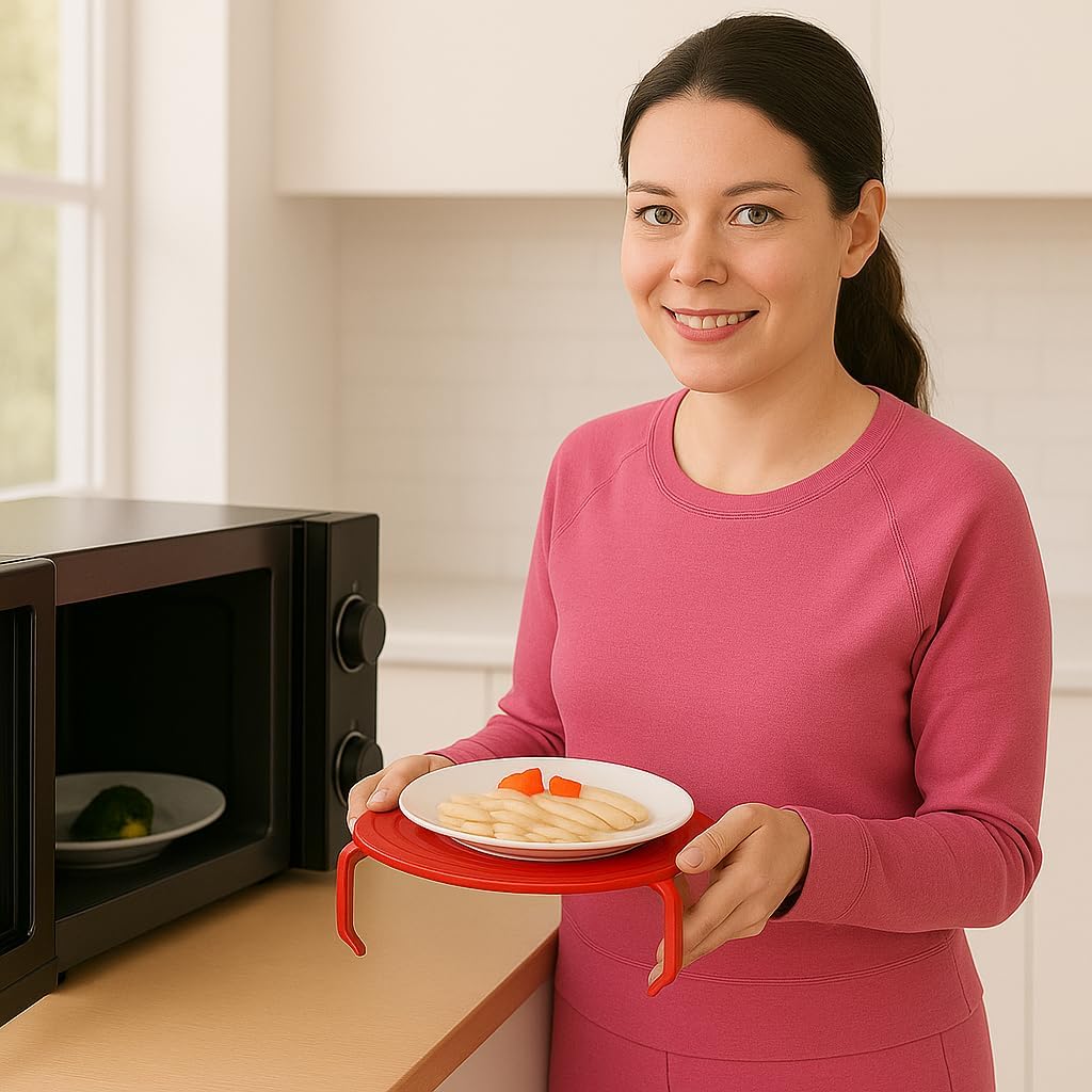 Microwave Multipurpose 4 in 1 Tray Stand Rack Splatter Guard Carry Tray Stacking Shelf (1, Red)
