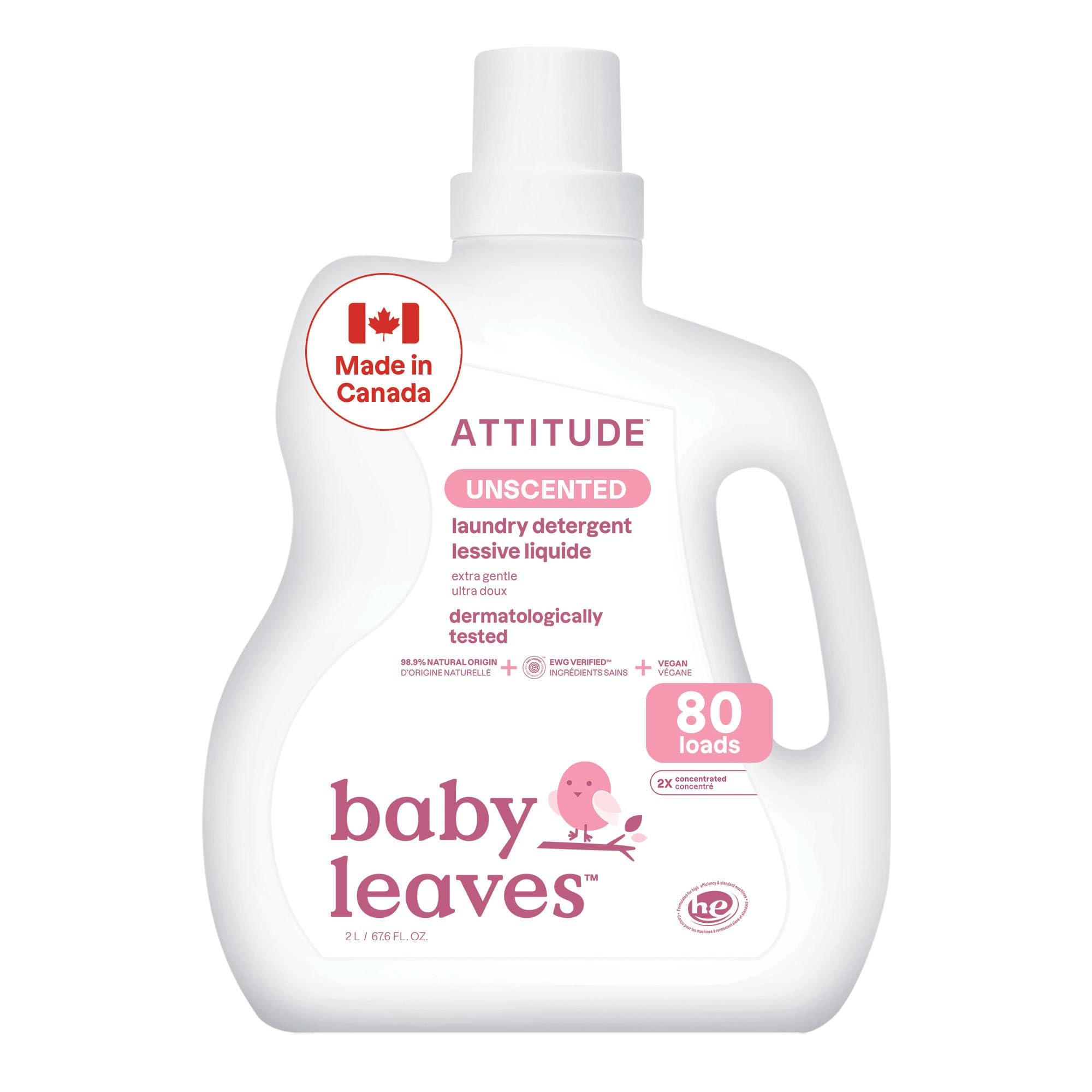 ATTITUDE Baby Laundry Detergent, Unscented HE Compatible Liquid, Extra Gentle, Concentrated, EWG Verified, Dermatologist Tested, Vegan, 80 Loads, 2 Liters Unscented 2 l (Pack of 1)