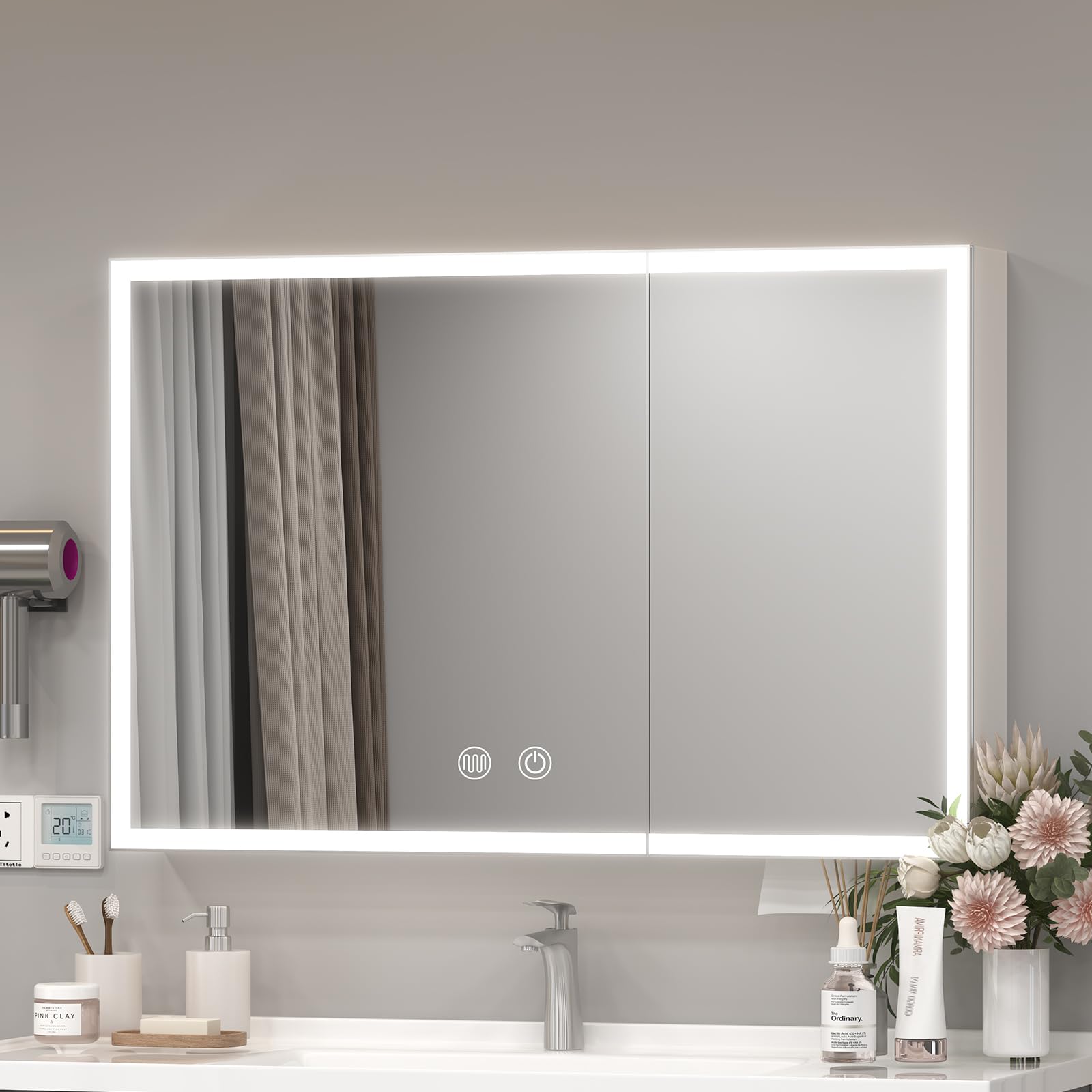 LIANWANG Medium Medicine Cabinet, Bathroom Cabinets with 2 Doors, LED Lights, Defogger, Bathroom Mirror Cabinets with 5 Shelves Storage Organizer in 2 Sizes, 39x23x5 inches, White