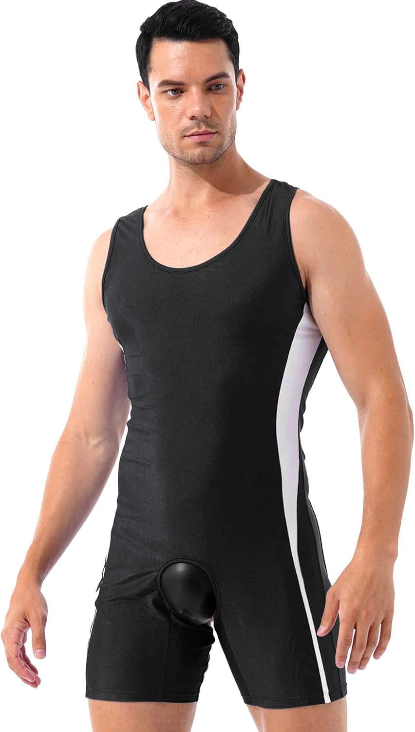 Hularka Men's U Neck Sleeveless Bodysuits Undershirts Hollow Out Boxer Shorts Leotard Jumpsuit