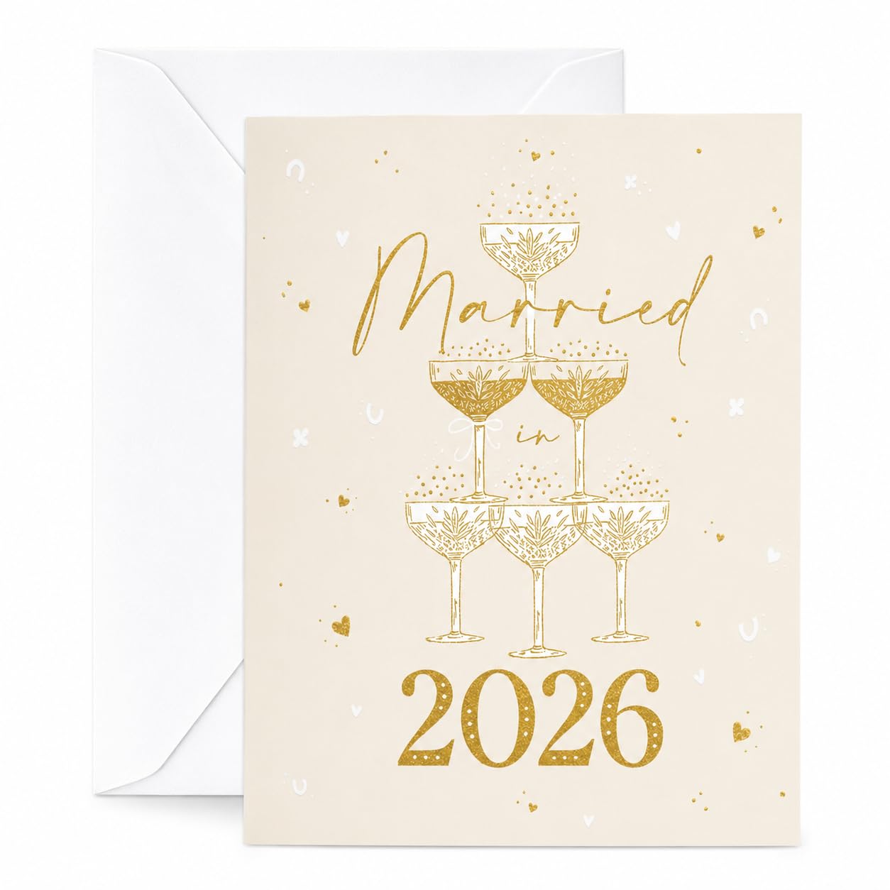 Married in 2026 Congratulations Card – Elegant Wedding Greeting Card for Newlyweds – Gold Champagne Glass Design – Wedding Day Keepsake Card for Couple