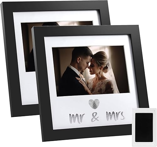 Miniatura 10 de Jinchuan Paquete de 2 marcos de recuerdo con huella dactilar de corazón y kit de tinta, marco de fotos de boda, idea de regalo de despedida de